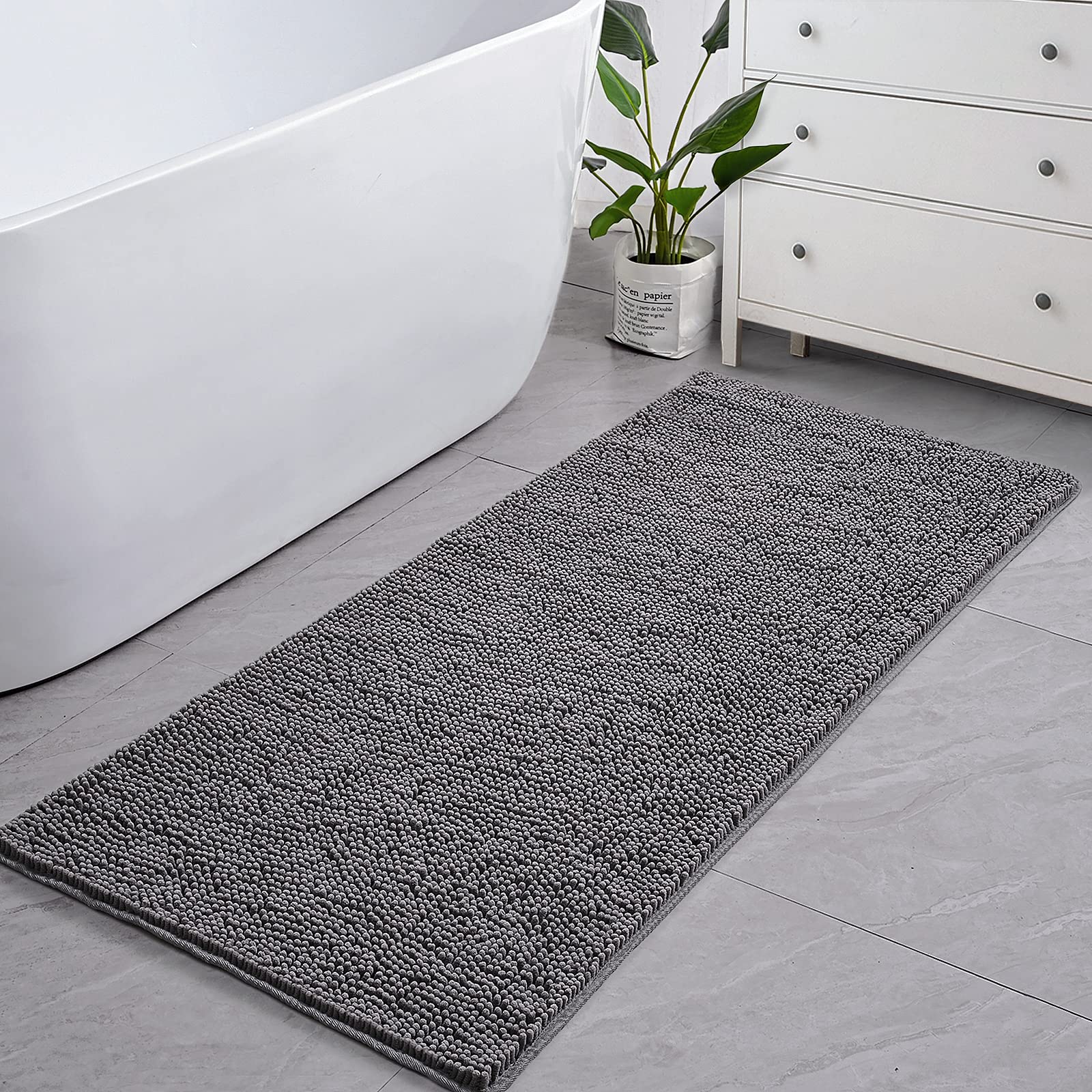 LOCHAS Luxury Bathroom Rug Shaggy Bath Mat 24 x 70 Inch  Washable Non Slip Bath Rugs for Bathroom Shower  Soft Plush Chenille Absorbent Carpets Mats  Grey