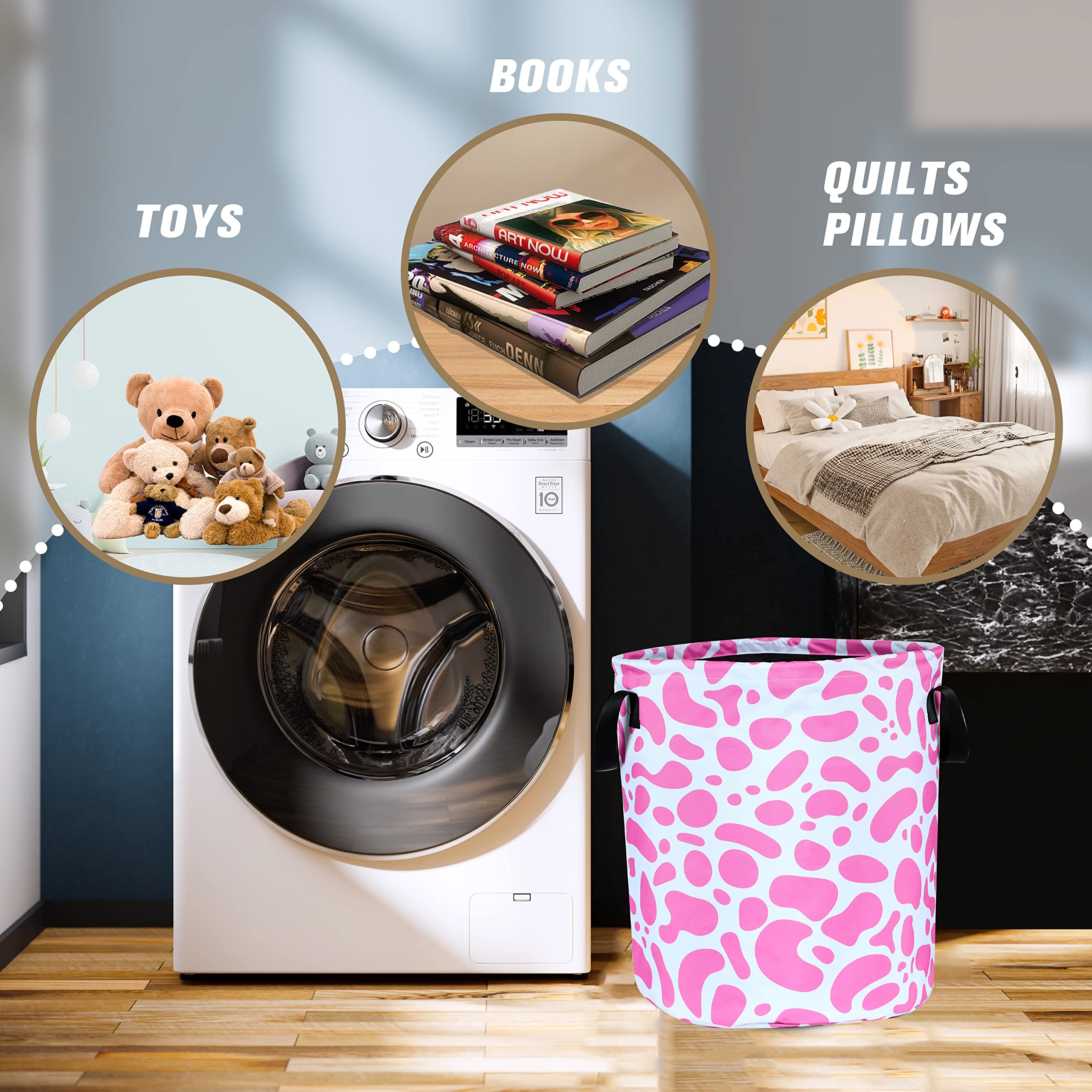 Pink Cow Print Laundry Basket Animal Foldable Waterproof Oxford Cloth Funny Tote Bag Laundry Hamper Clothes Storage Bucket Toy O