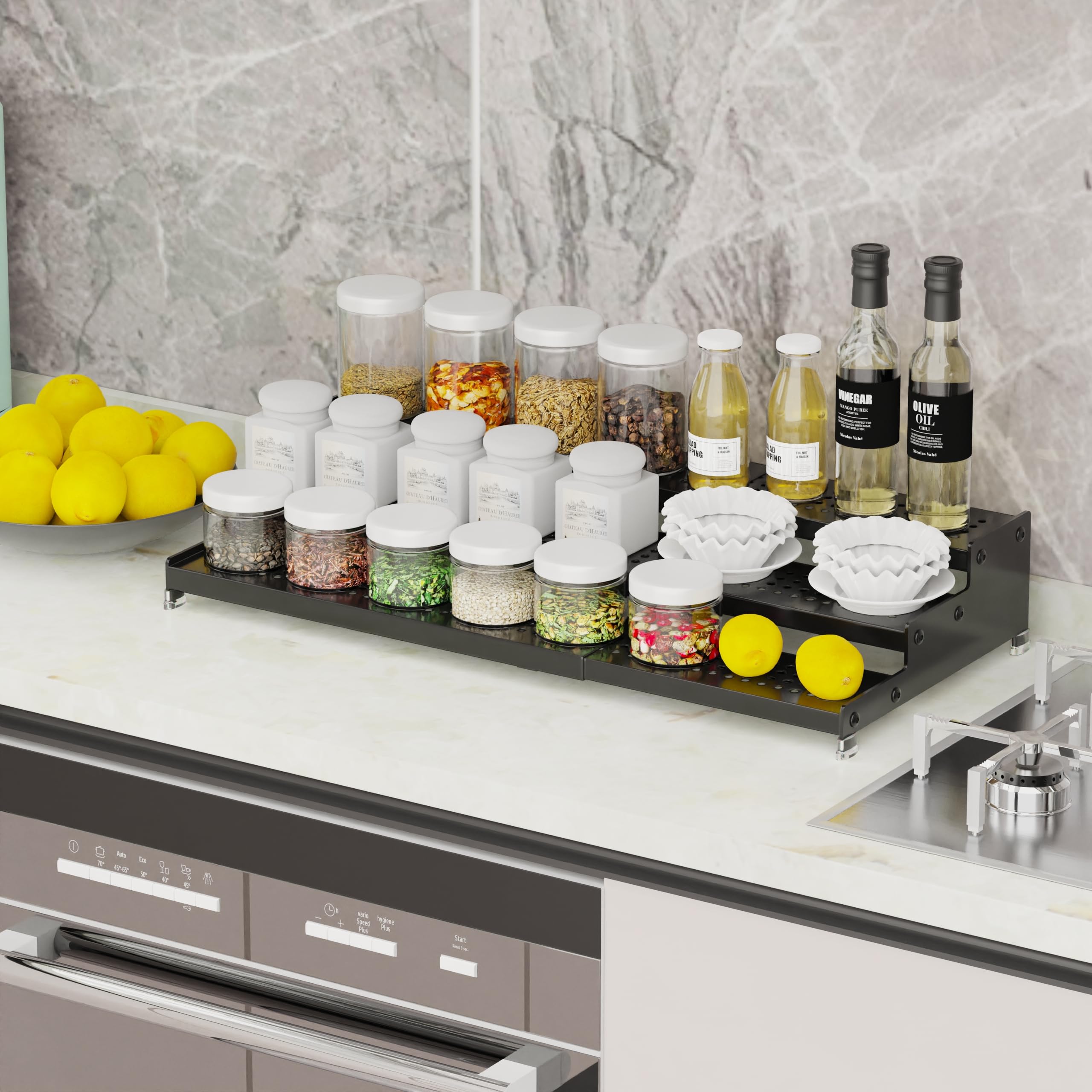 Expandable Spice Rack organizer with 3-Tier step shelf,Modern Design heavy duty,Non Skid and Visibility ,Great for Kitchen Cabin