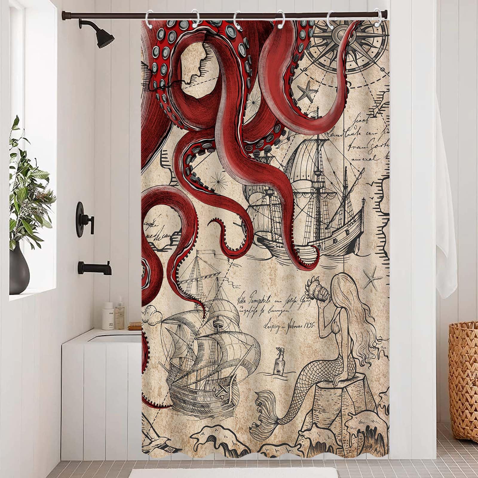 Fungarth Stall Vintage Red Nautical Octopus Shower Curtain Mermaid Funny Ocean Kraken Shower Curtains For Bathroom Cool Anchor C