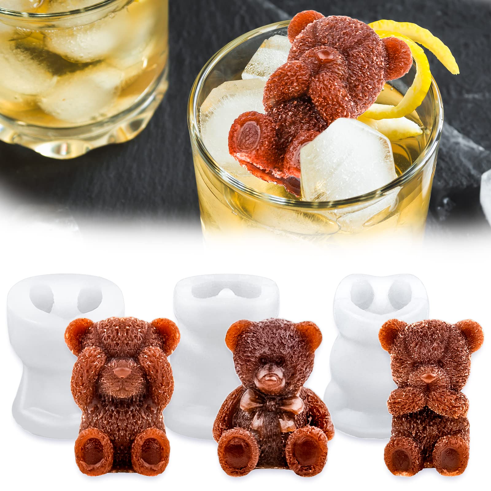 Whaline 3 Pack 3D Teddy Bear Ice Cube Mold Silicone Cute Bear Mould Soap Candle Mold Ice Cube for Coffee Milk Tea Candy Gummy Fo