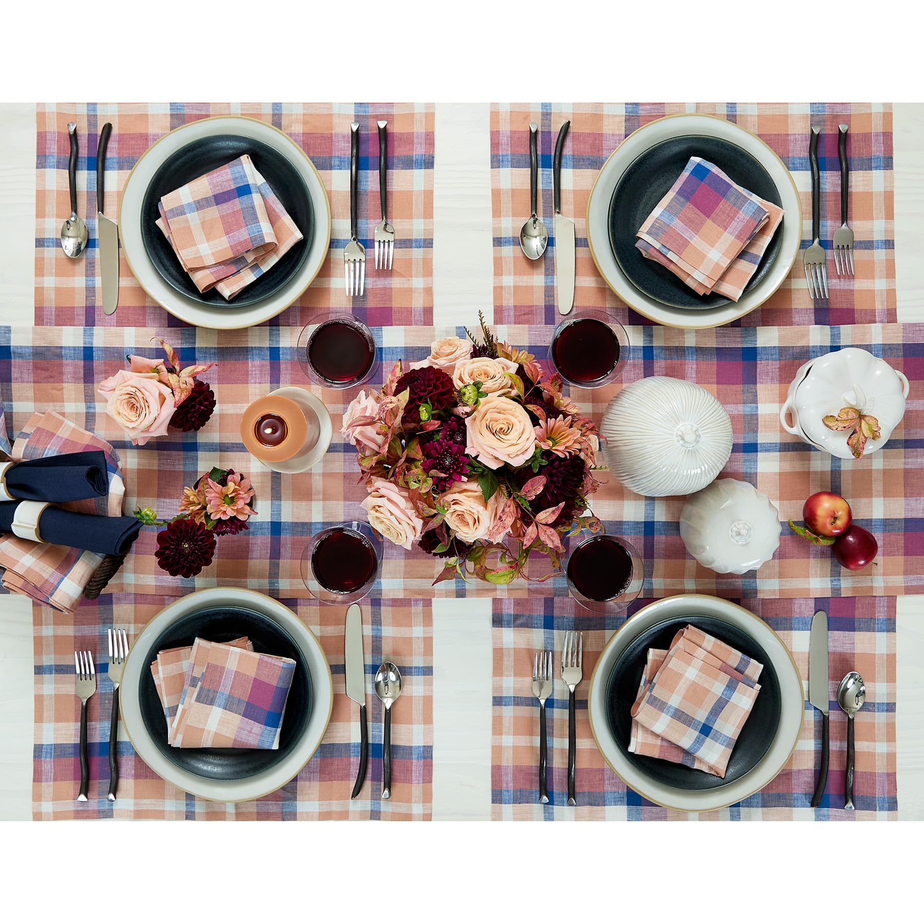 Solino Home Plaid Linen Placemats Set Of 4-100% Pure Linen Multicolor Fall Flavors Madras Plaid Place Mats 14 X 19 Inch - Handcr