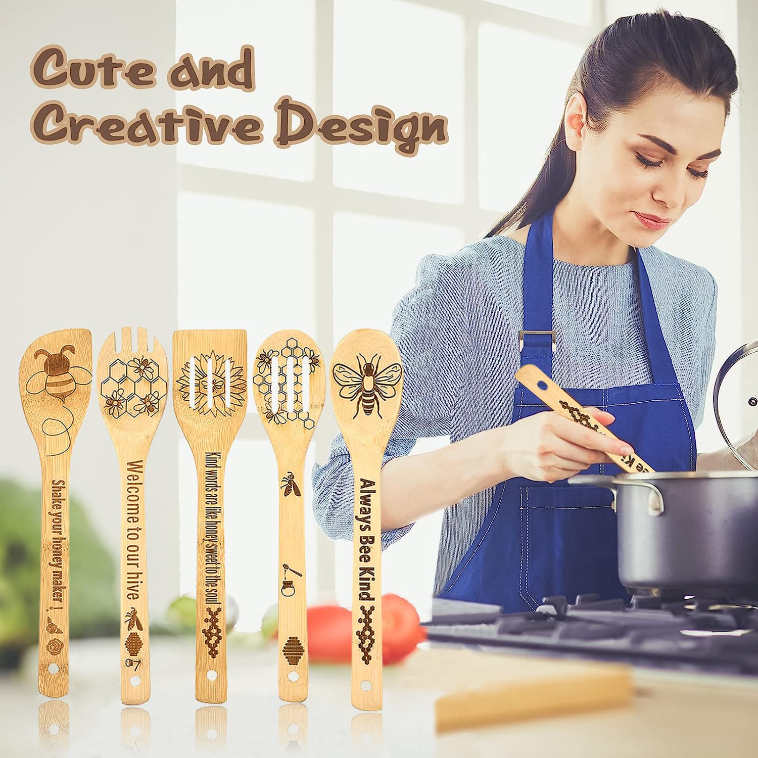 5Pcs Bee Wooden Cooking Spoons Set Natural Bamboo Wooden Spoons For Cooking, Spatula Set, Wooden Utensils For Cooking, Bamboo Ut