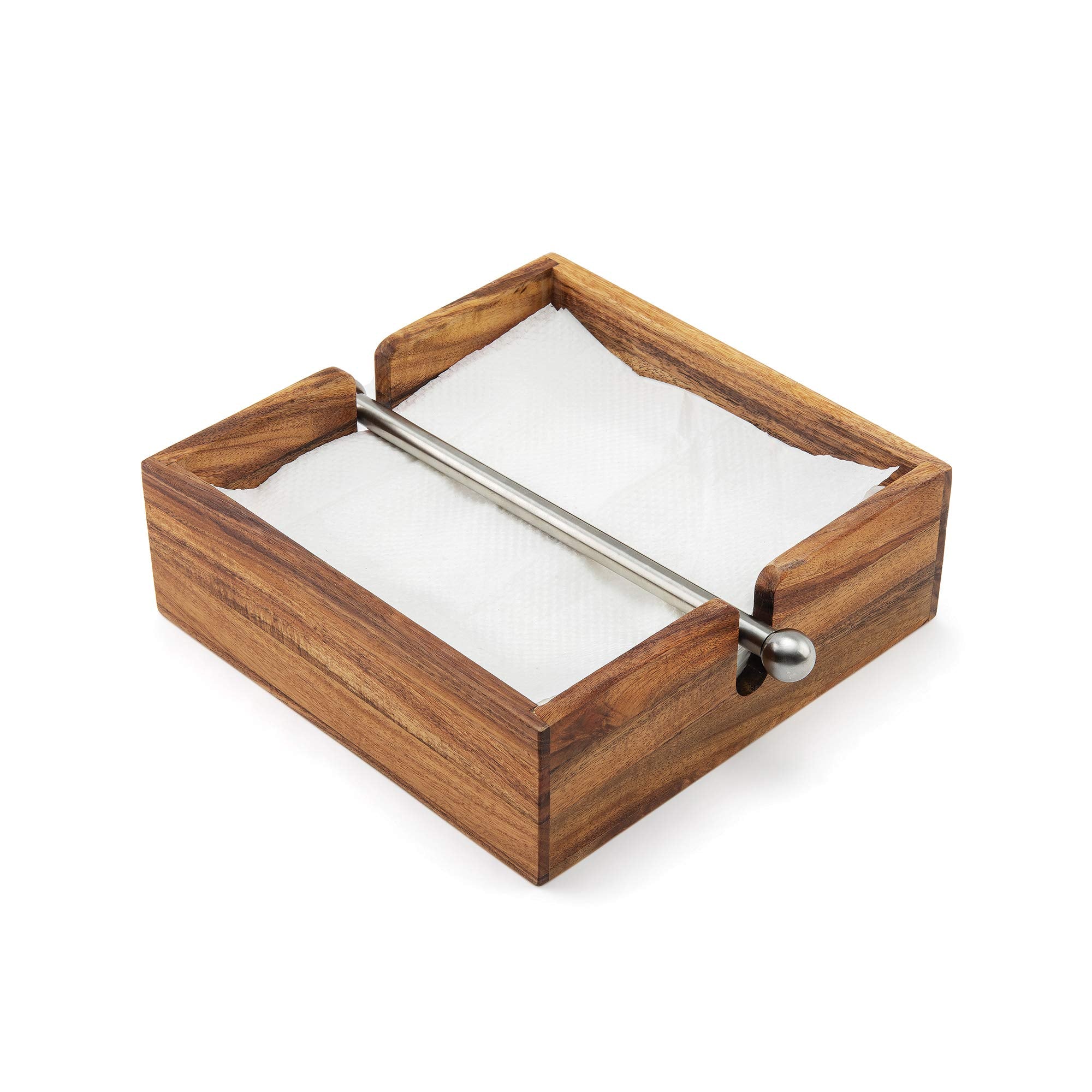 Ironwood Gourmet Acacia Wood Napkin Holder With Weighted Stainless Steel Center Bar, 6.25-Inches, Brown