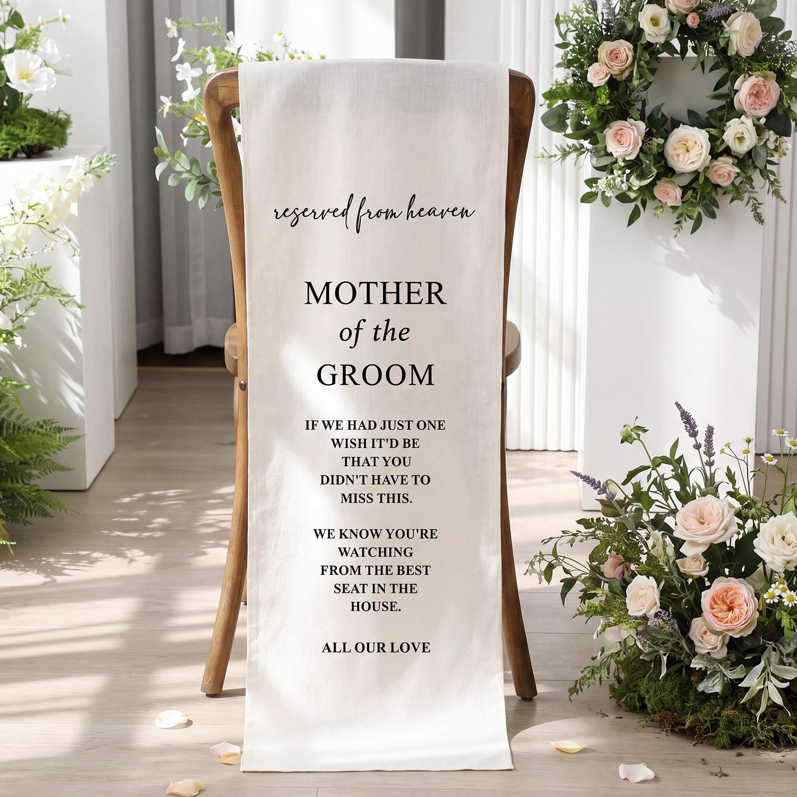 HunnmingRe Groom Mother Wedding Memorial Reserved Chair Sign Banner in Loving Memory of Parents Celebrating from Heaven Wedding 