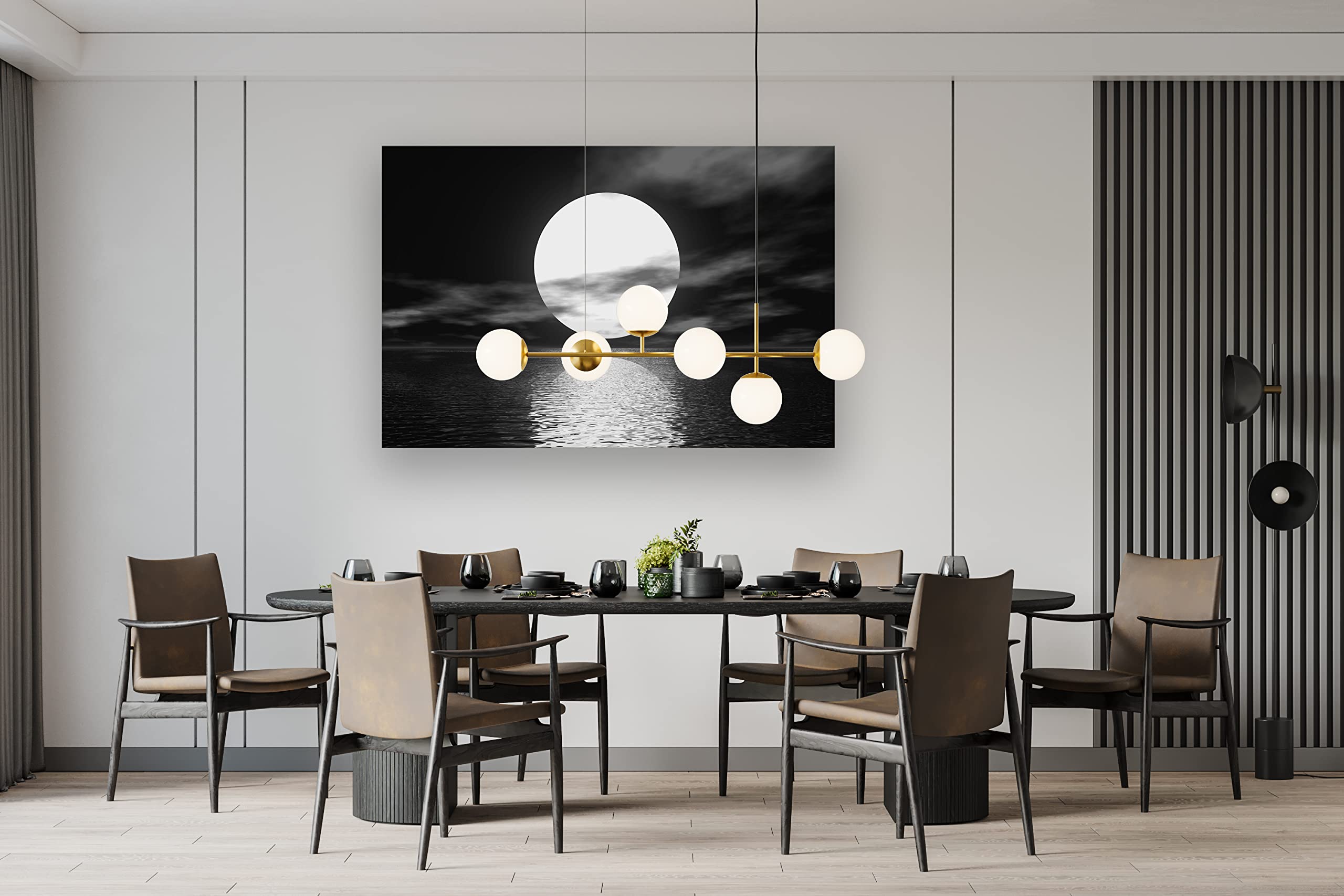 Cao Gen Decor Art S06469 Wall Art Canvas Sea White Full Moon in Night Picture Canvas Poster Print Black and White Ocean for Living Room Bedroom Kitchen Home Decorations Framed Artwork