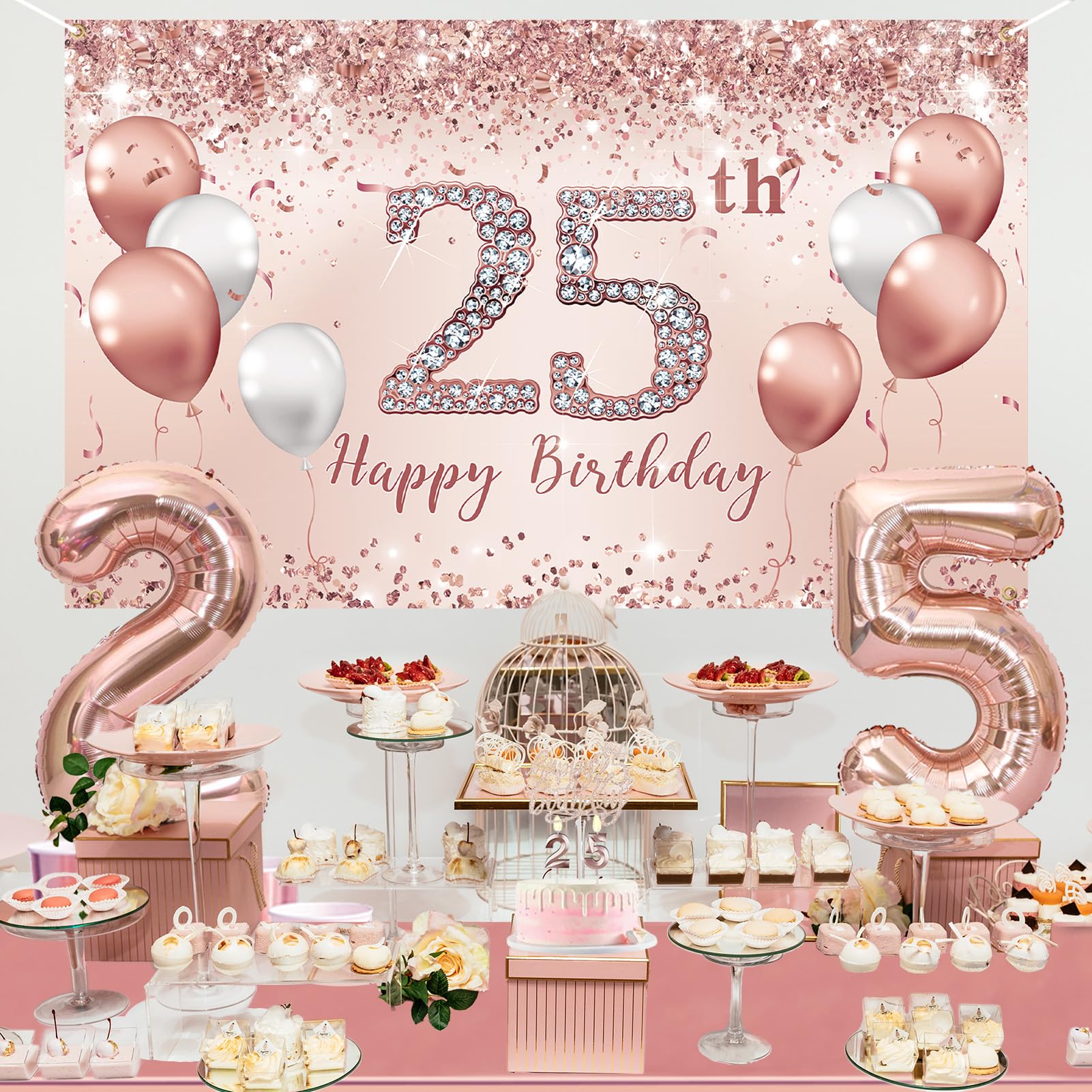 Trgowaul 25Th Birthday Decorations Party Set For Girls, Rose Gold 25 Birthday Banner And Tablecloth, 25 & Fabulous Sash And Tiar