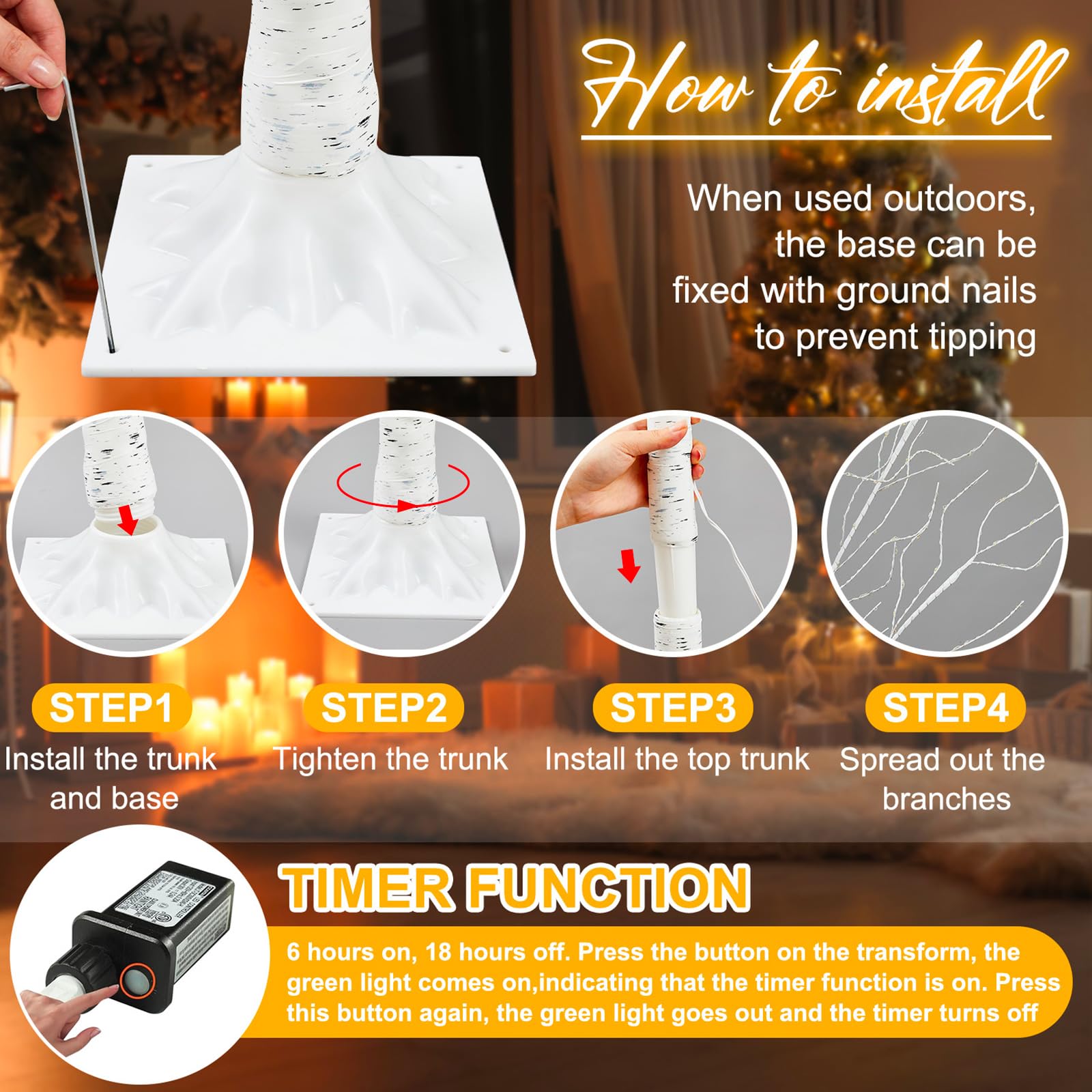 Aurelema 4 Pcs 4ft-300led, 6ft-400led Lighted Birch Tree 8 Modes Christmas Artificial LED Warm White Lights Birch Tree for Indoo