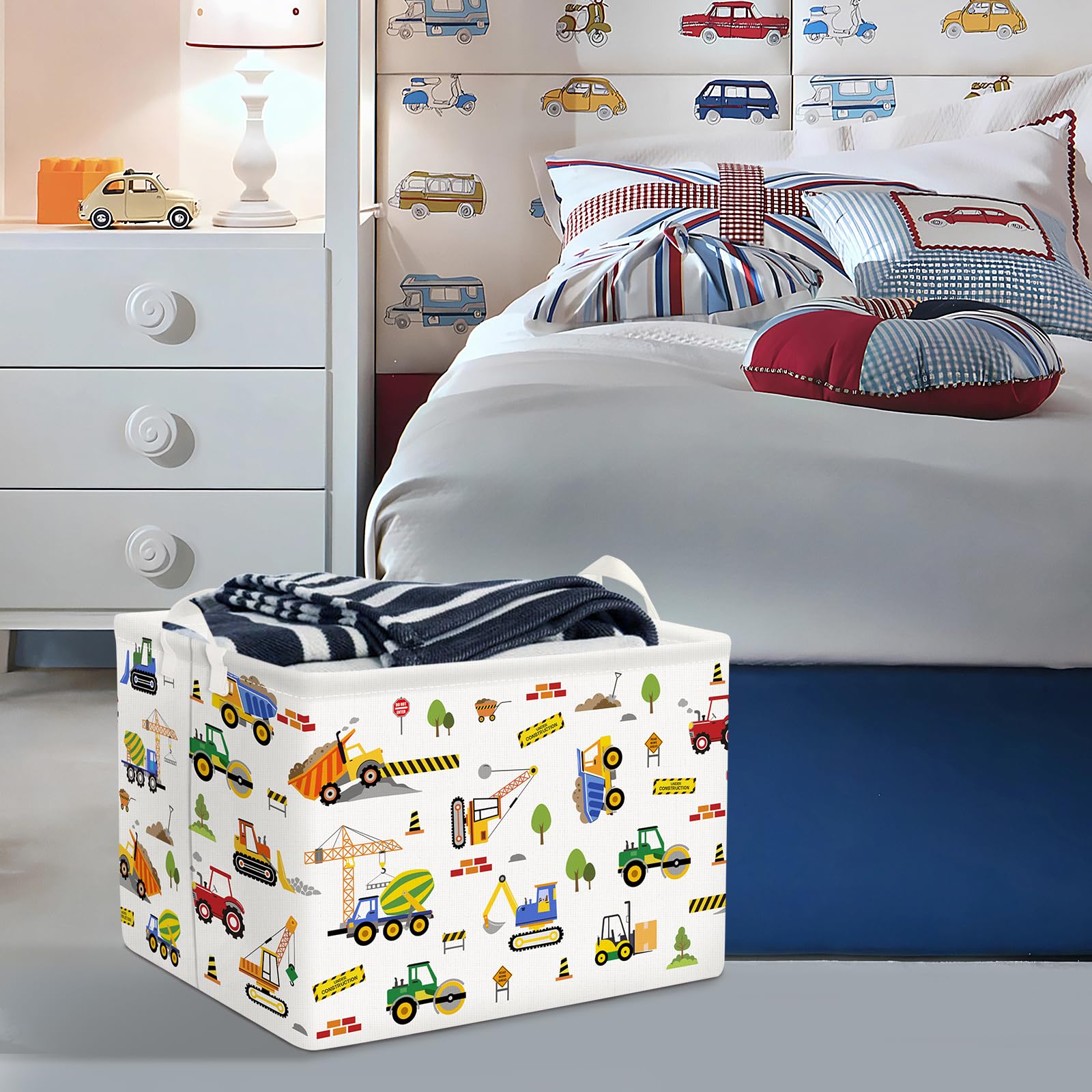 Clastyle Engineering Car Baby Boys Shelf Basket Yellow Bulldozer Excavator Storage Basket Rectangle Clothes Books Toy Storage Cu