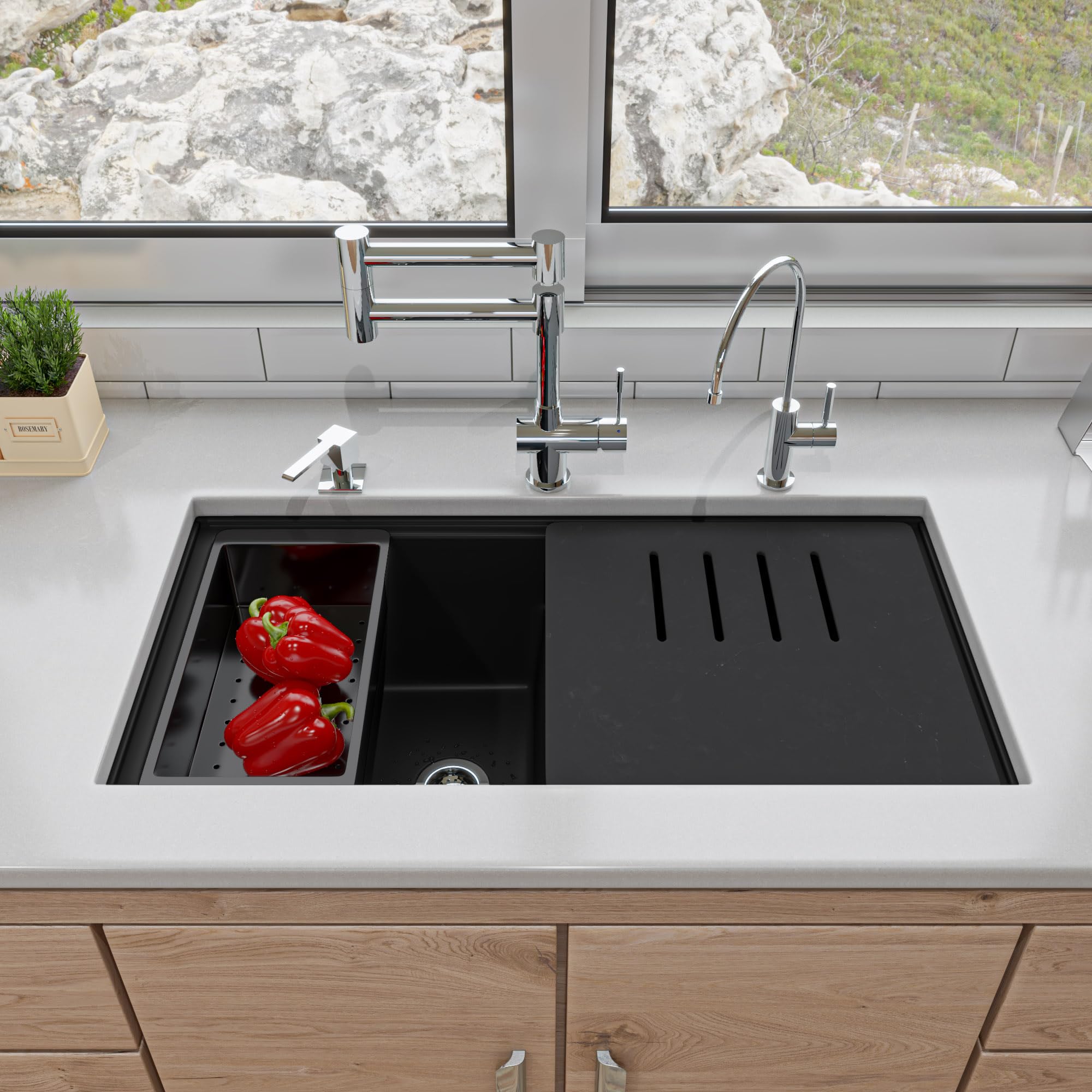 Alfi Brand Ab3418Dbum-Bla Black 33'' Granite Composite Workstation Step Rim Double Bowl Undermount Sink With Accessories