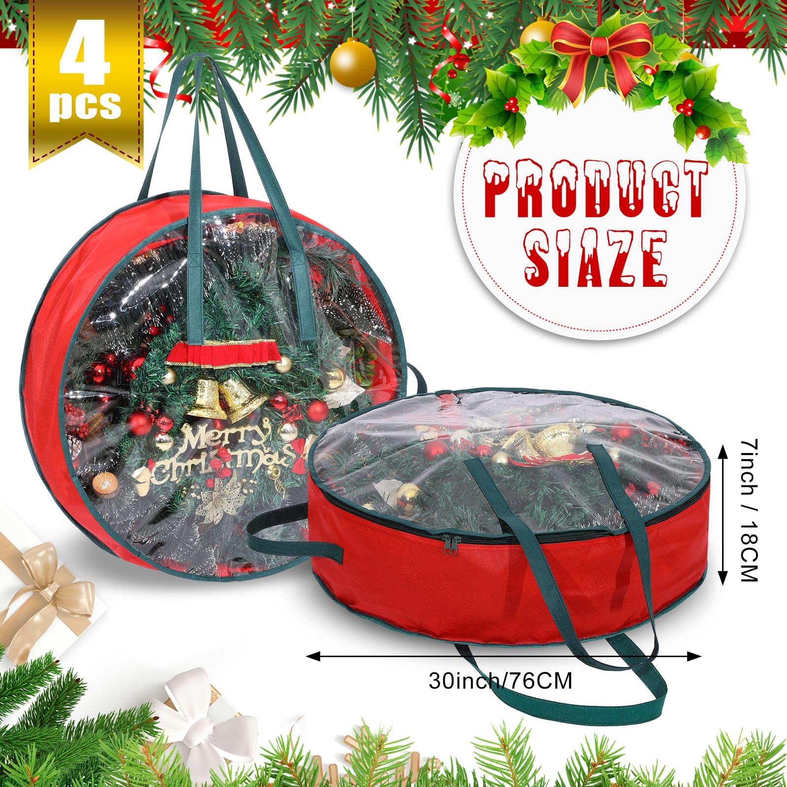 Shappy 4 Pcs Christmas Wreath Storage Bag Wreath Storage Container With Clear Window Plaid Wreath Storage Box With Handles For S