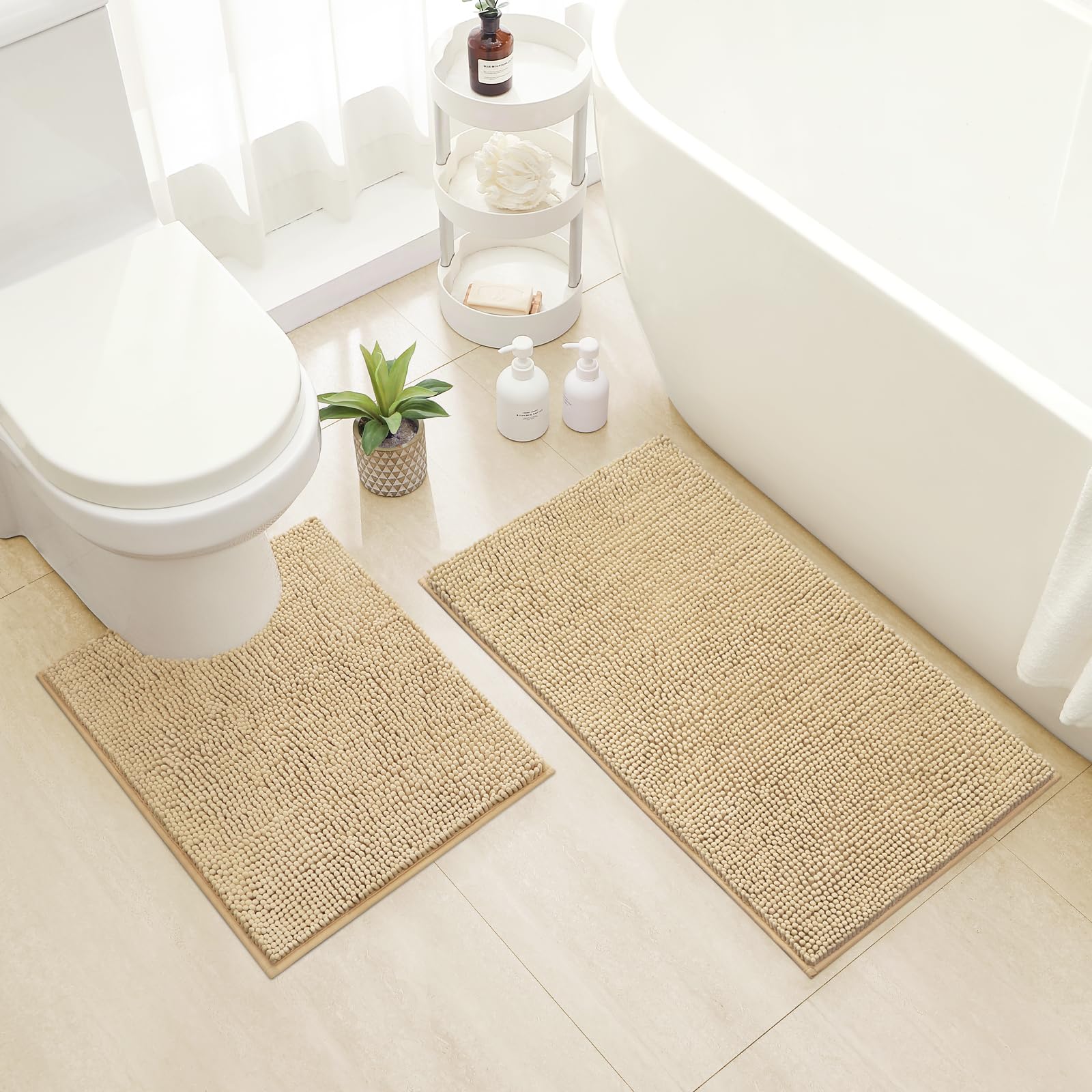 HOMEIDEAS 2 Pieces Bathroom Rugs  Ultra Soft Non Slip Absorbent Chenille Toilet Bath Mat Set (Beige)