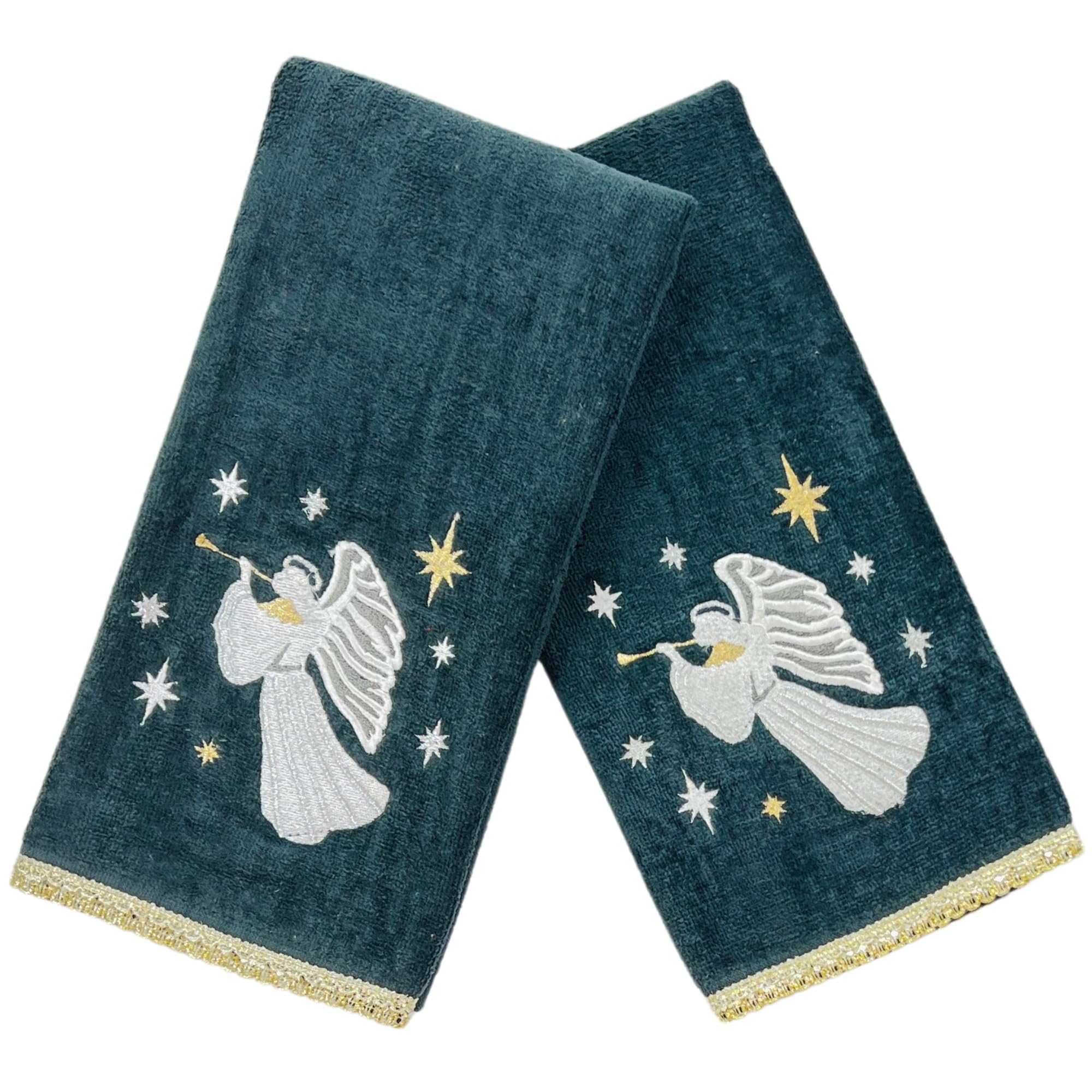 Holiday Christmas Angel Bath Hand Towels, Luxuious Embroidered, Set Of 2, Dark Gray, 16 X 25 Inches, 100% Cotton