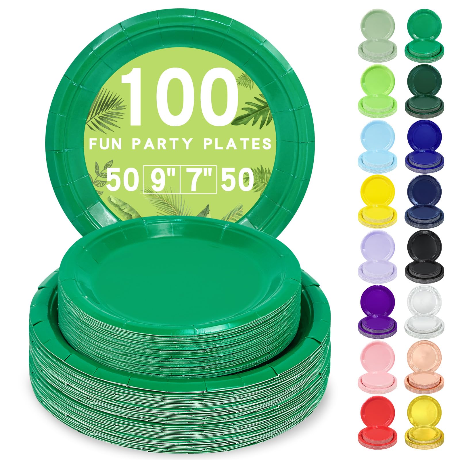 LANLISA 100 Green Paper Plates Set Includes 50-9 & 50-7 Disposable Dessert Cake Paper Plates For Party Supplies