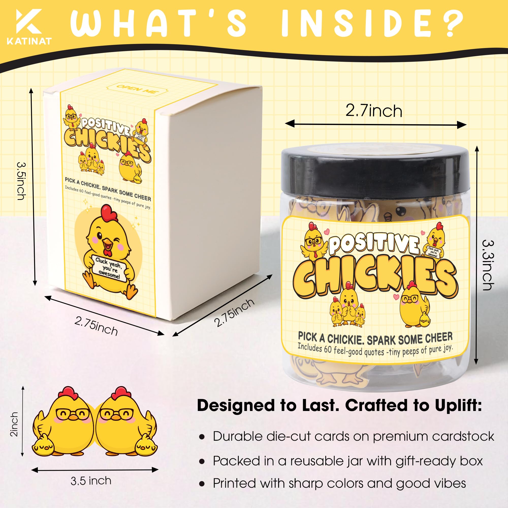 60 Positive Chick Cards Jar - 60 Affirmation Cards for Anxiety & Self Care, Teens, Emotional Support Chickies, CHicken Gifts, ch