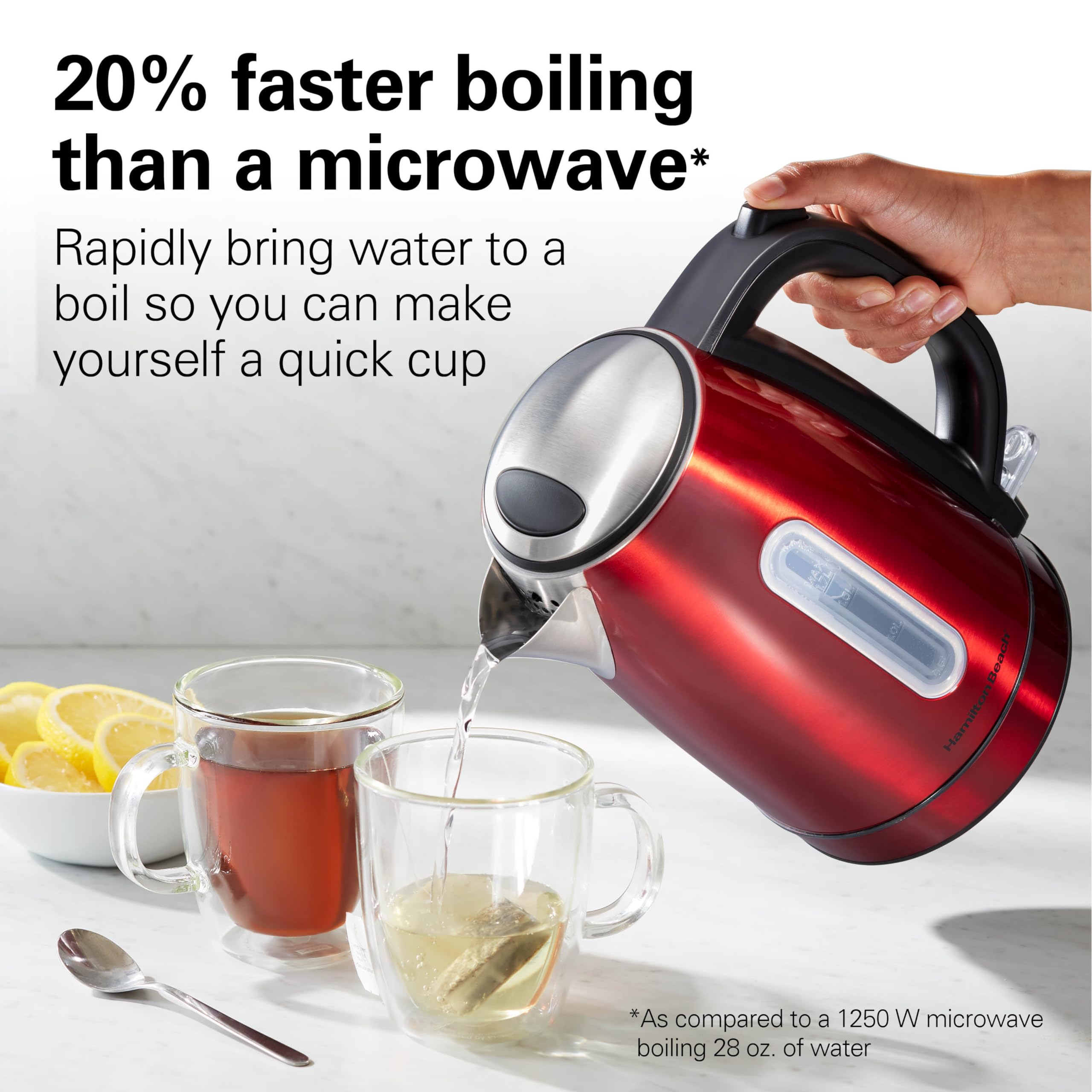 Hamilton Beach Electric Tea Kettle 1.7L Cordless Water Boiler, Stainless Steel, Red with LED Light Ring, Model 41060