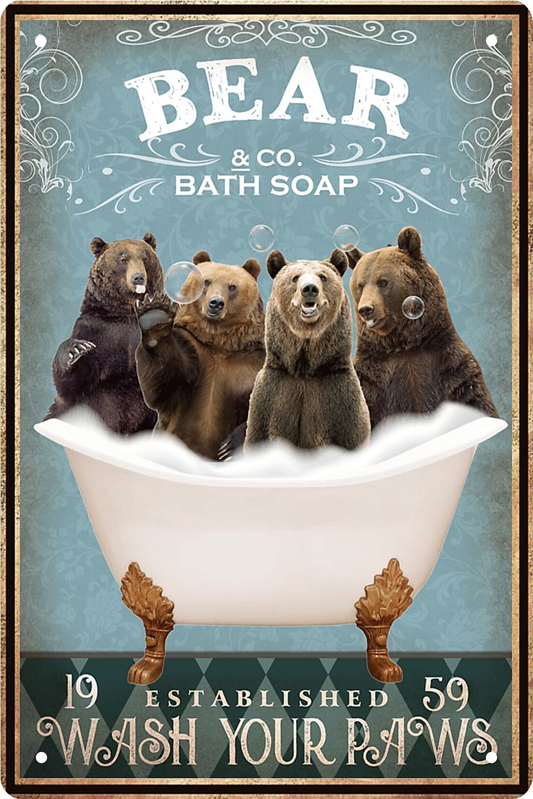 Funny Bear Decor Vintage Bathroom And Bathtub Metal Tin Sign Decor Bear Pet Lovers Gift Farm Home Bar Bathroom Man Cave Retro Wa