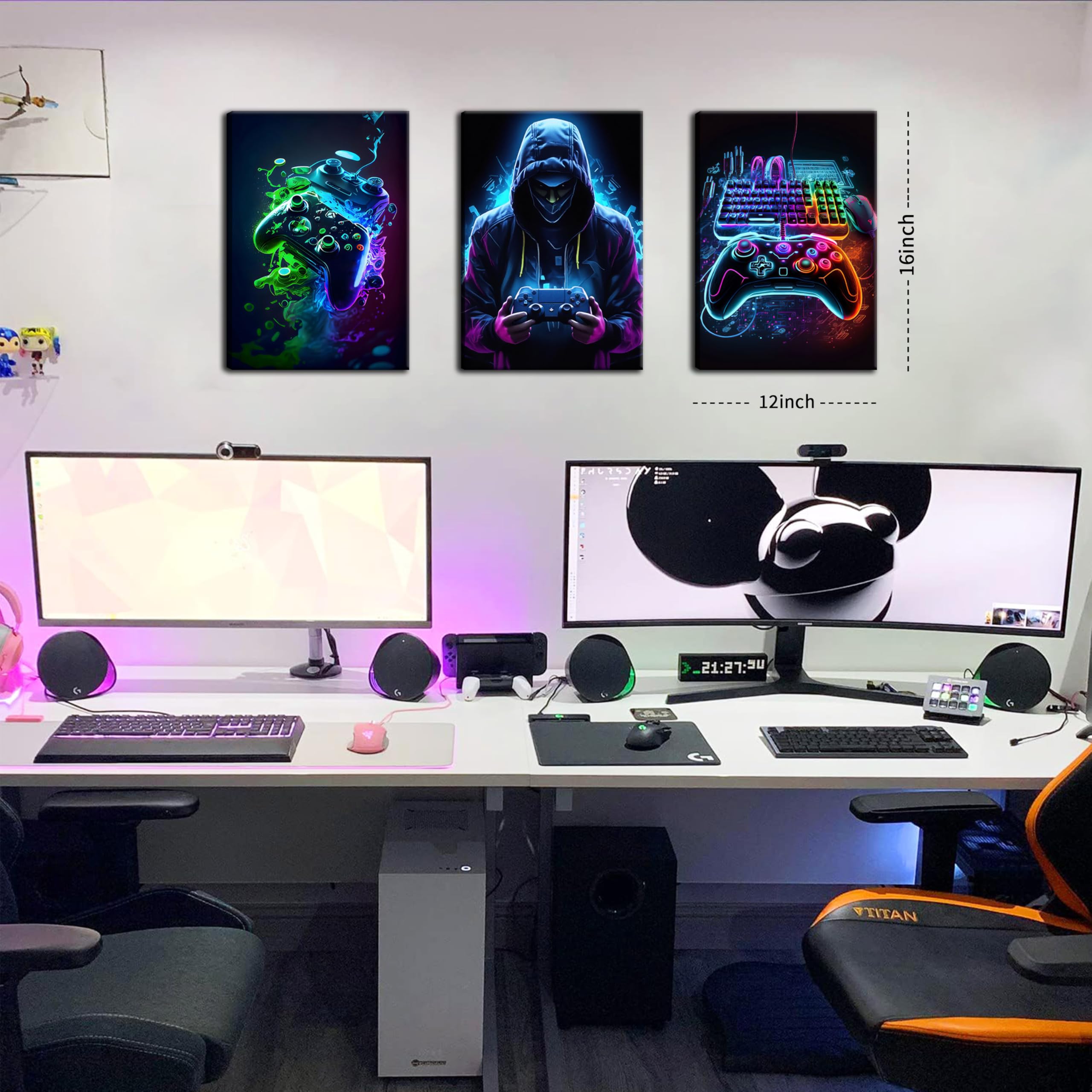 Bgfce Cool Gaming Canvas Wall Art Set Of 3, Retro Video Game Watercolor Poster Pictures, Neon Gamepad Gamepad Painting Prints Ga