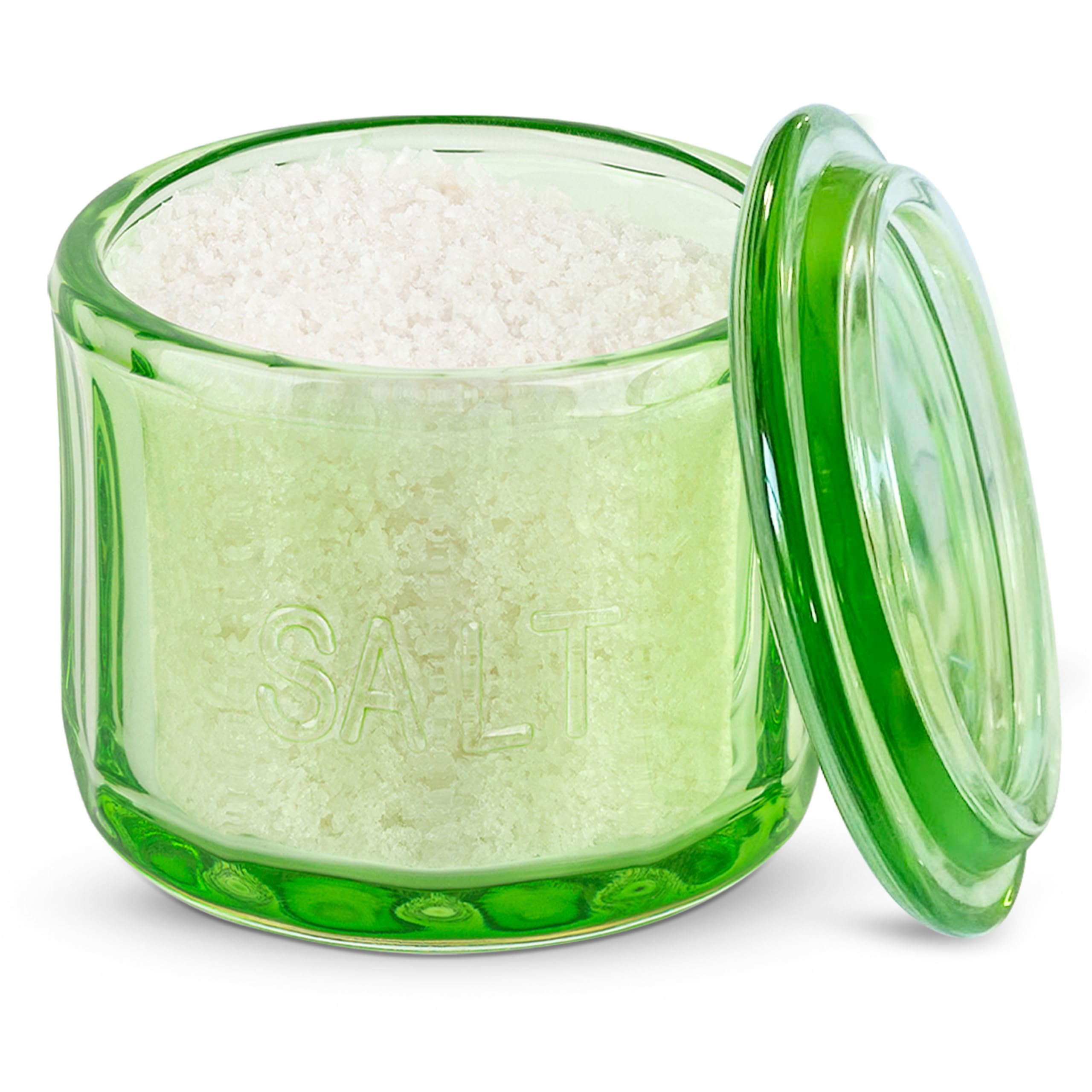KooK Salt Cellar & Jar  Round Salt Container  Pressed Clear Glass  with Clear Lid  Embossed  10 oz (Lime)