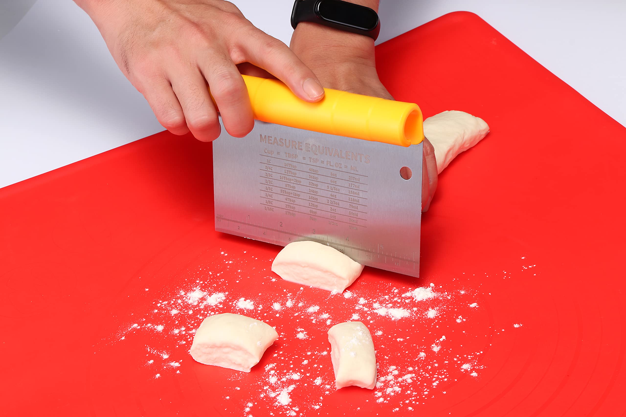 Suanyok Bench Scraper-Stainless Steel Dough Scraper and Food Safe Flexible Plastic Bowl Scraper 4-Piece Set-Bread/Pastry/Pizza Cutter  Multifunctional 2-in-1 Baking Tools With Measurement Marks