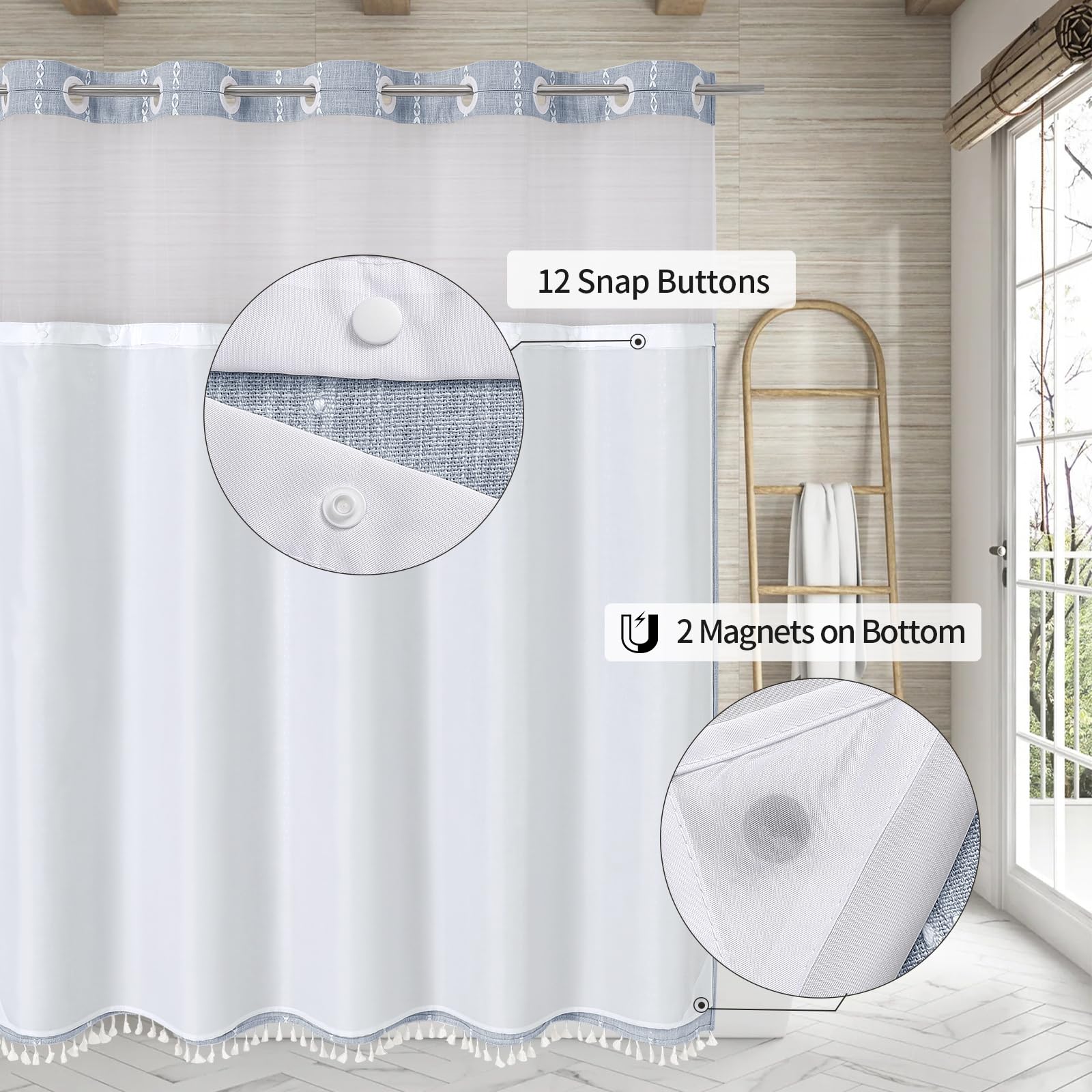 No Hooks Needed Farmhouse Shower Curtain With Snap-In Liner - With Window & Magnets, Boho Cotton Linen Fabric Shower Curtains Wi