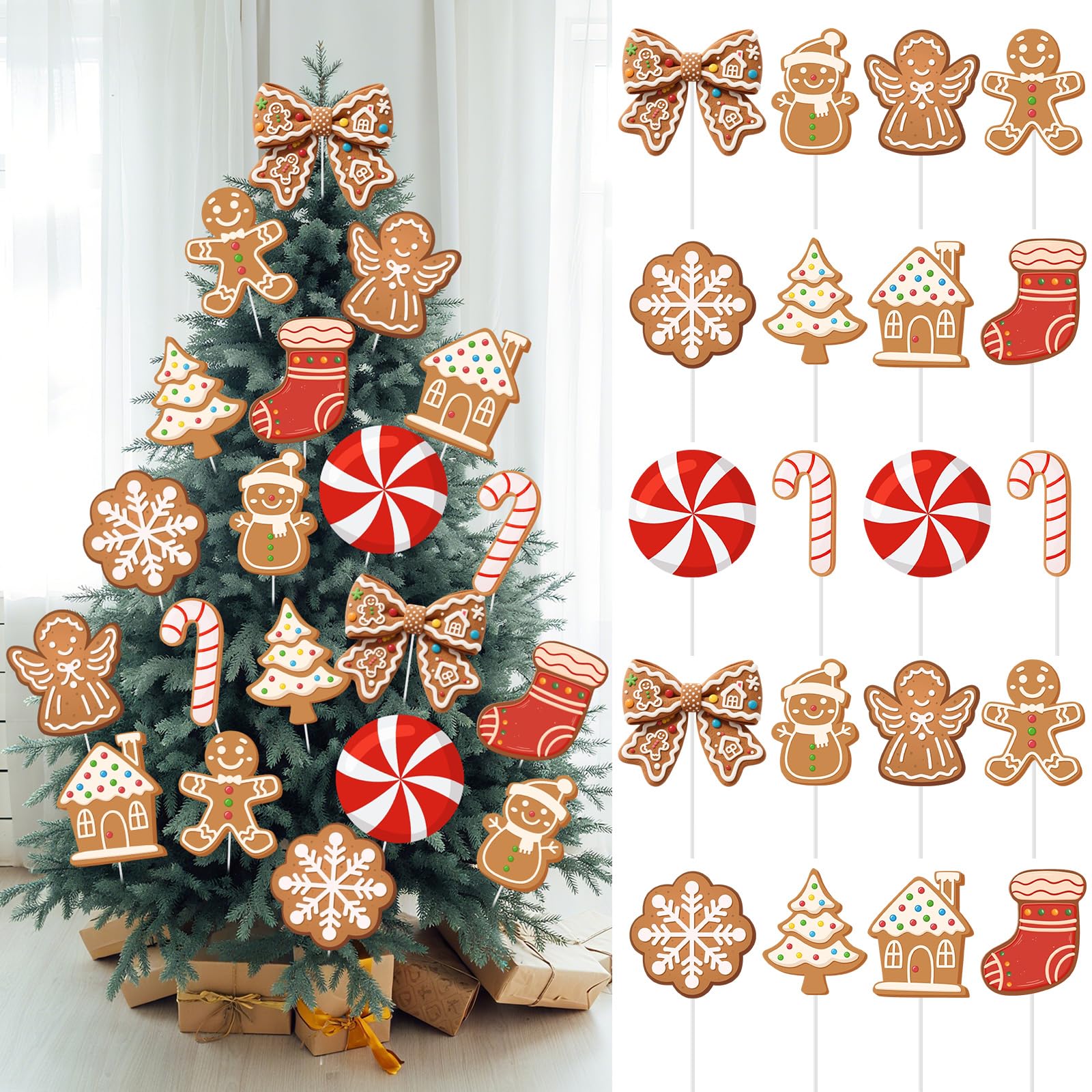Thyle 20 Pcs Large Gingerbread Man Candy Cane Picks for Christmas Tree 8 Inch Gingerbread and Candy Picks Ornaments for Christma