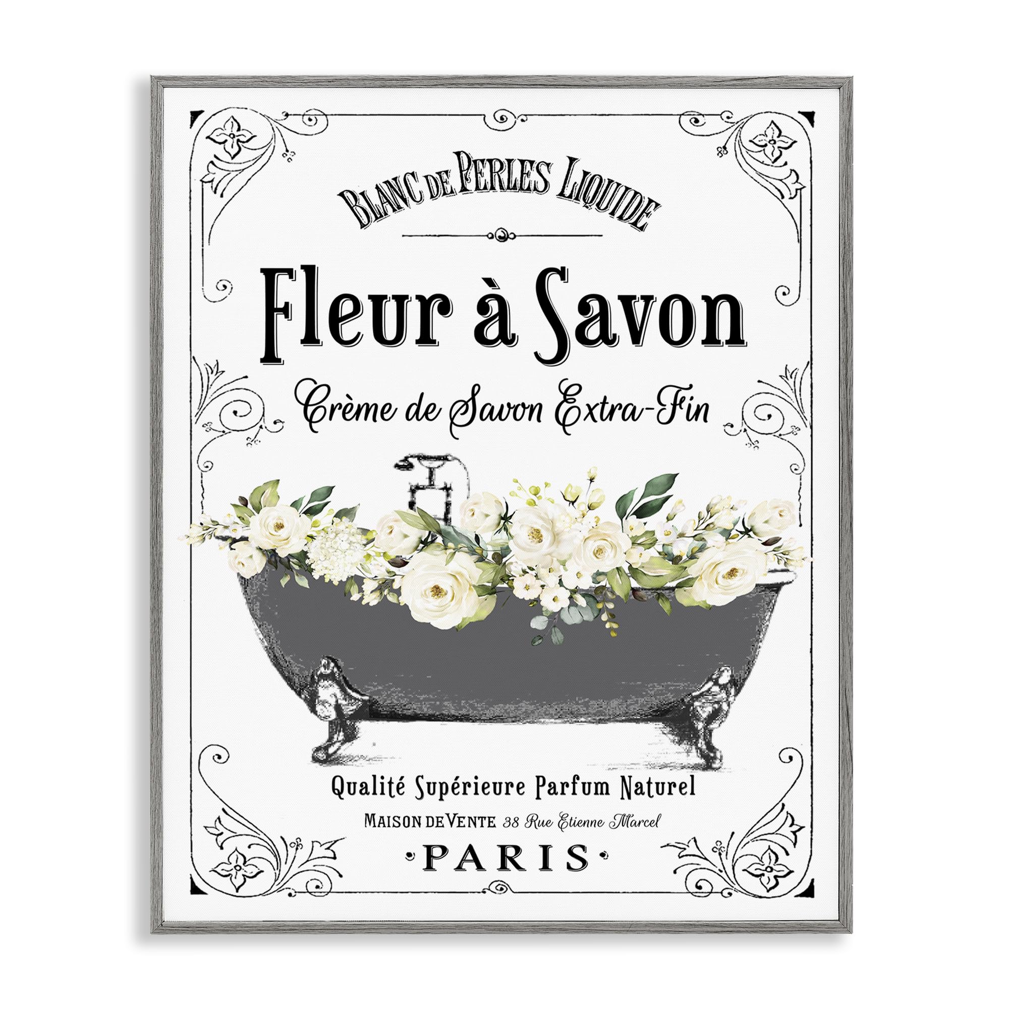 Stupell Industries Fleur a Savon Vintage Parisian Bathroom Floral Tub, Framed Giclee Art, Gray, 11 x 14 Inches, Easy to Hang a