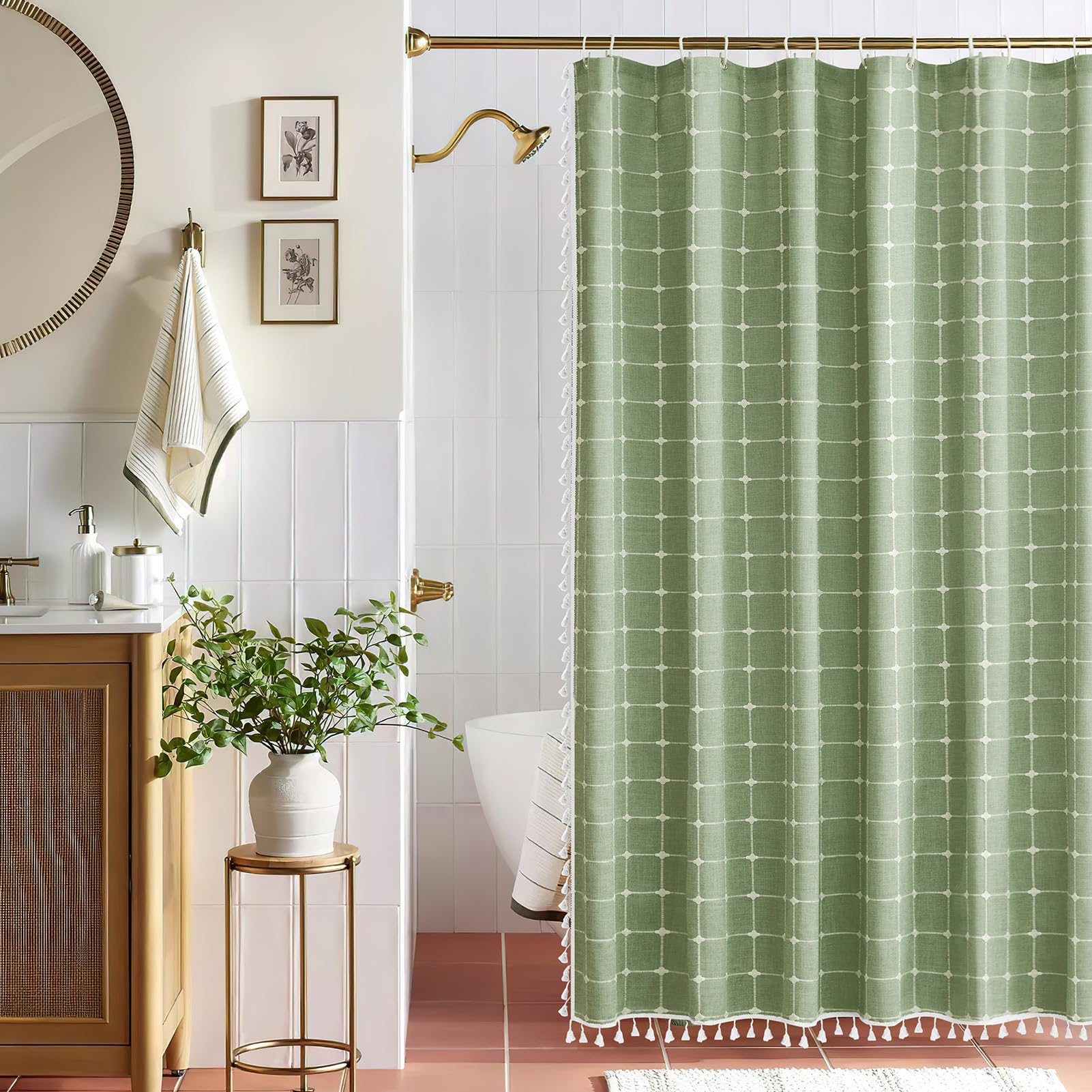 Extra Long Shower Curtain 84 Inches Long, Boho Linen Textured Weighted Fabric Shower Curtain Set With Tassels , Tall Farmhouse V