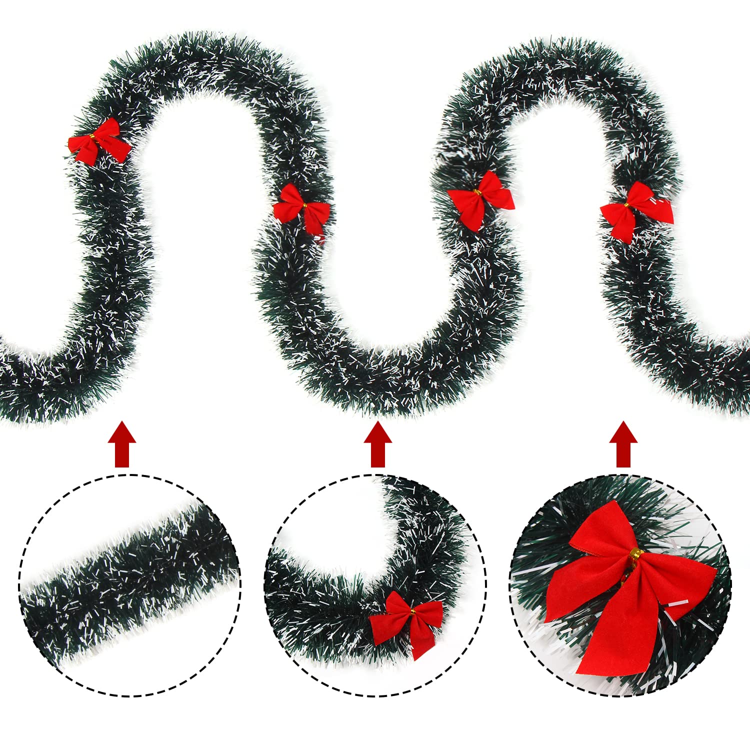 CCINEE 33Ft Christmas Tinsel Garland with Snow and 24 Red Bows for Xmas Decorations
