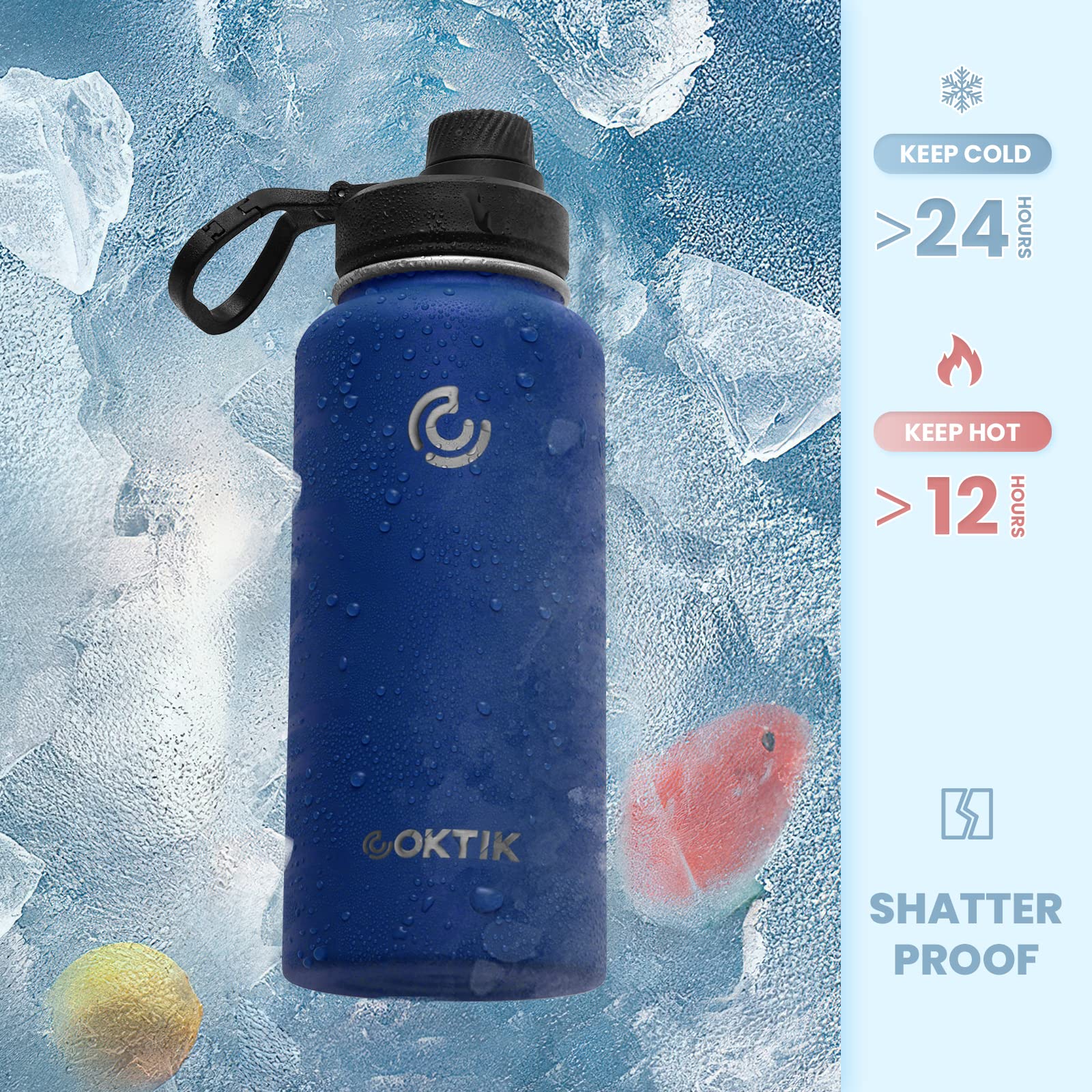 Coktik 32 Oz Sports Water Bottle With Straw,3 Lids, Stainless Steel Vacuum Insulated Water Bottles,Leakproof Lightweight, Keeps