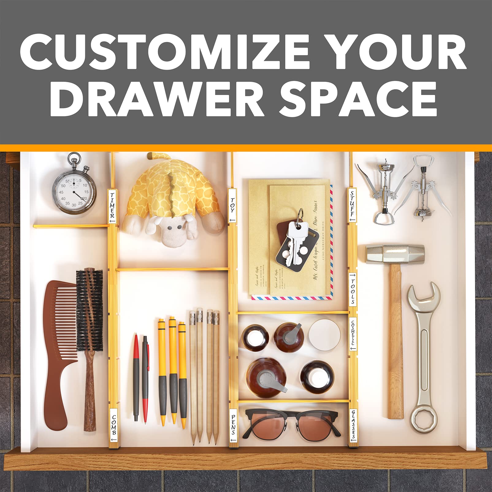 SpaceAid Bamboo Drawer Dividers, 9 Pack - Adjustable Size Inserts for Organizing Drawers, Natural Bamboo Color, Model ZZB-PP-9