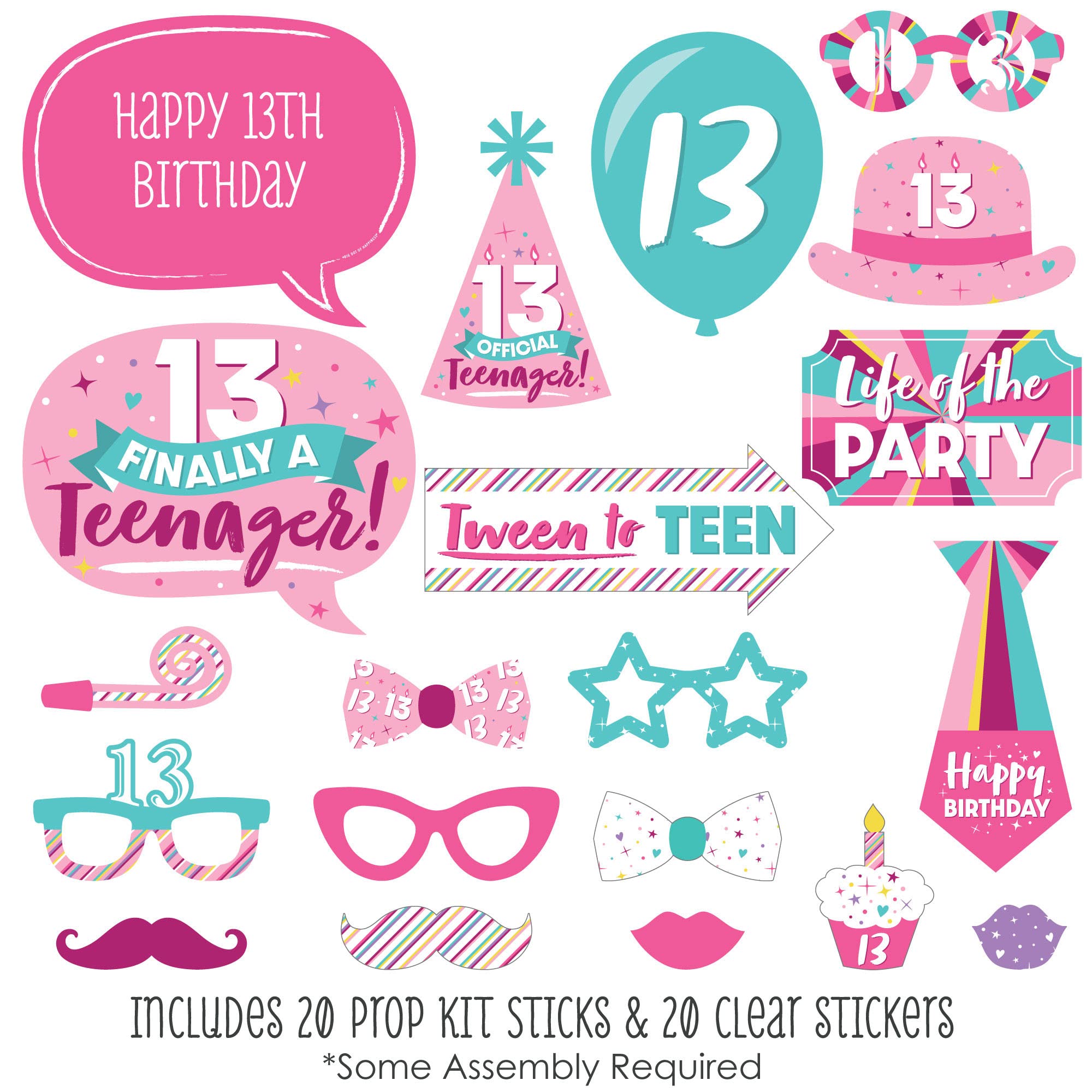 Big Dot Of Happiness Girl 13Th Birthday - Official Teenager Birthday Party Photo Booth Props Kit - 20 Count