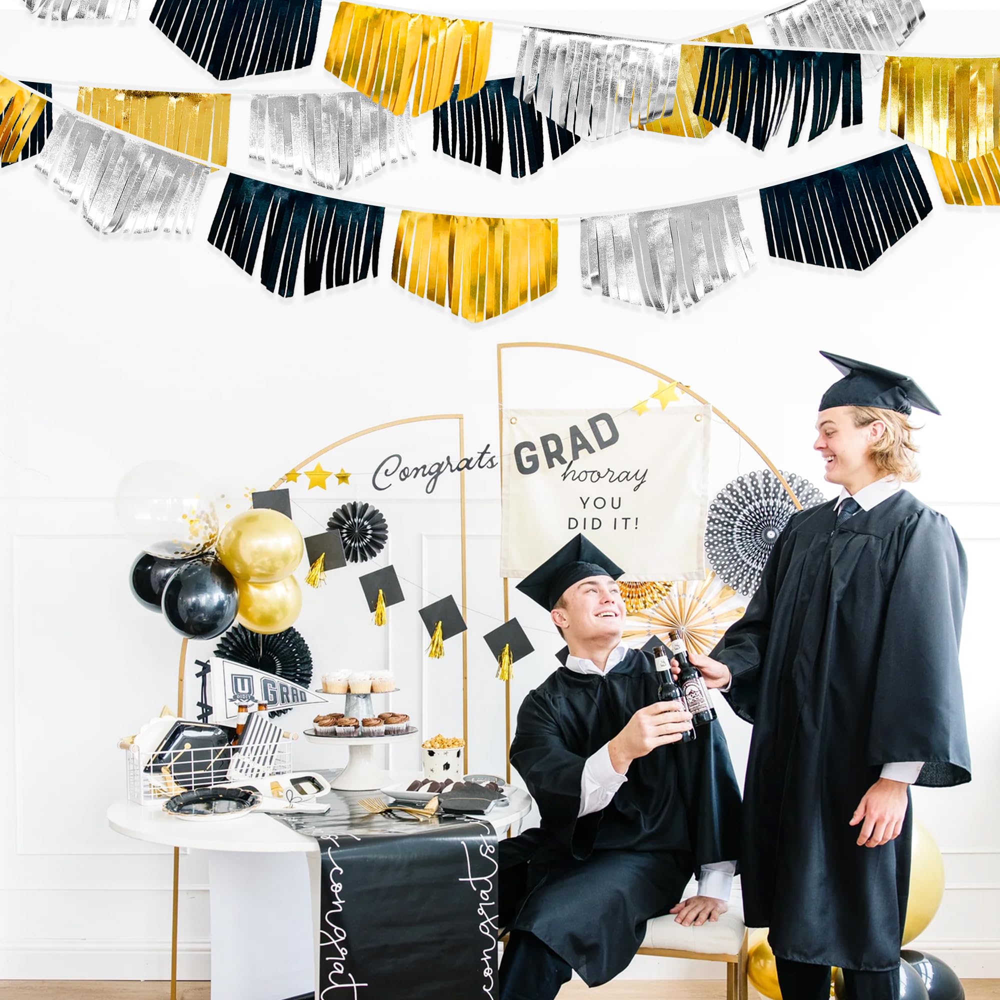 Black Silver Gold Tassel Banner Double Sided Metallic Fabric Pennant Bunting Flag Garland For Graduation Birthday Anniversary Ba