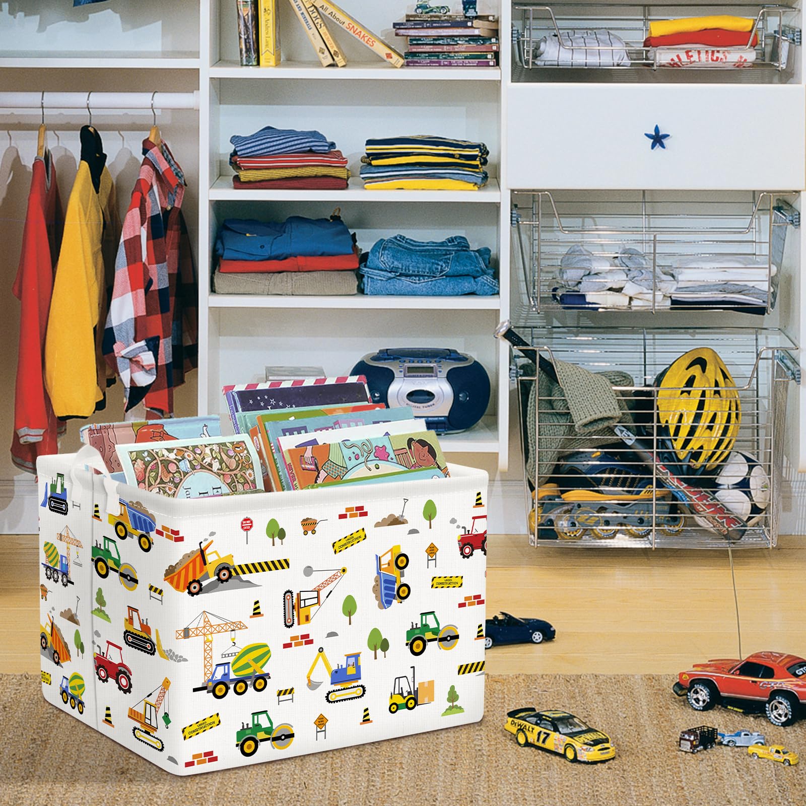 Clastyle Engineering Car Baby Boys Shelf Basket Yellow Bulldozer Excavator Storage Basket Rectangle Clothes Books Toy Storage Cu