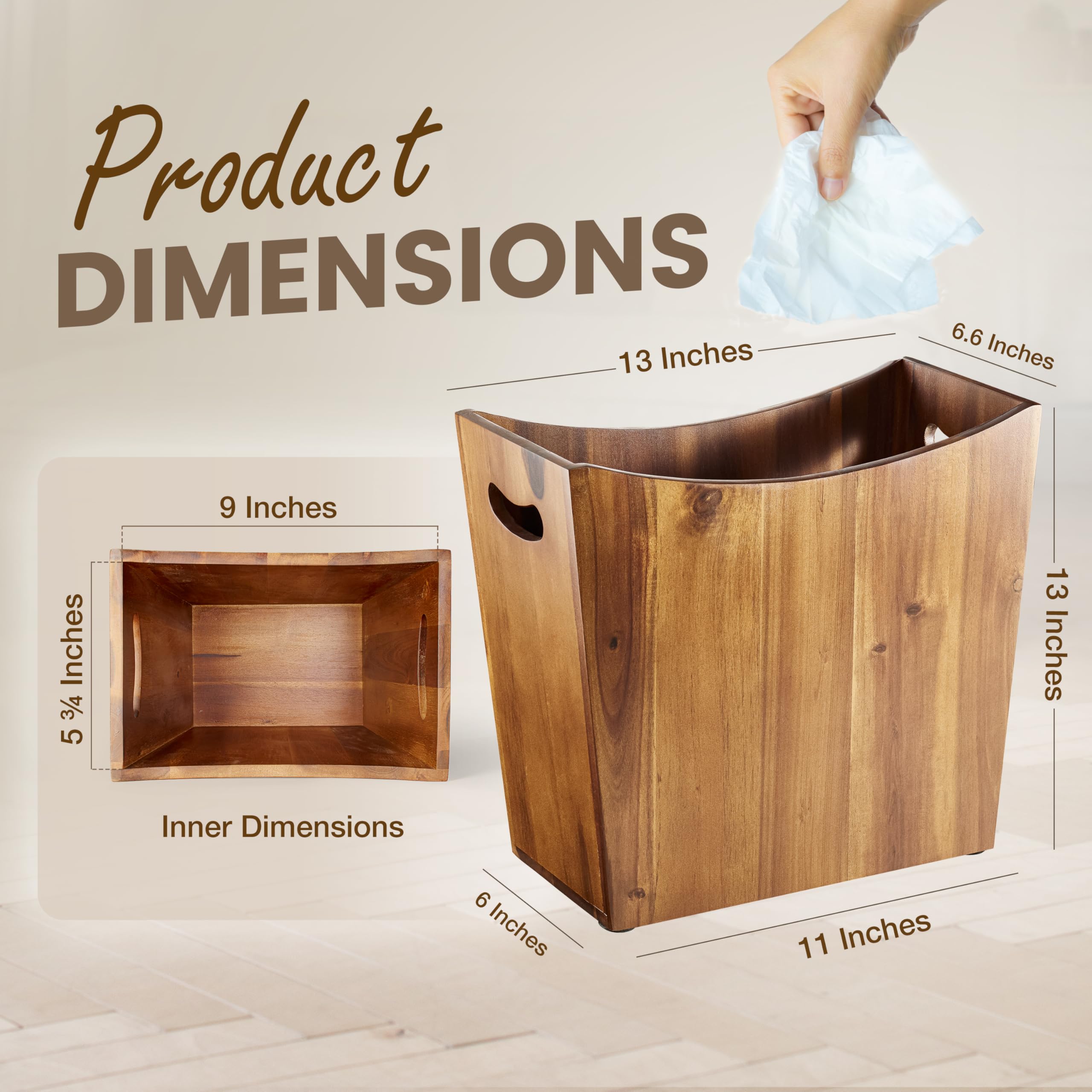Tidita 3 Gallons Rectangular Wastebaskets - Acacia Wood Waste Basket With Handles - Small Trash Can For Bathroom - Brown Garbage