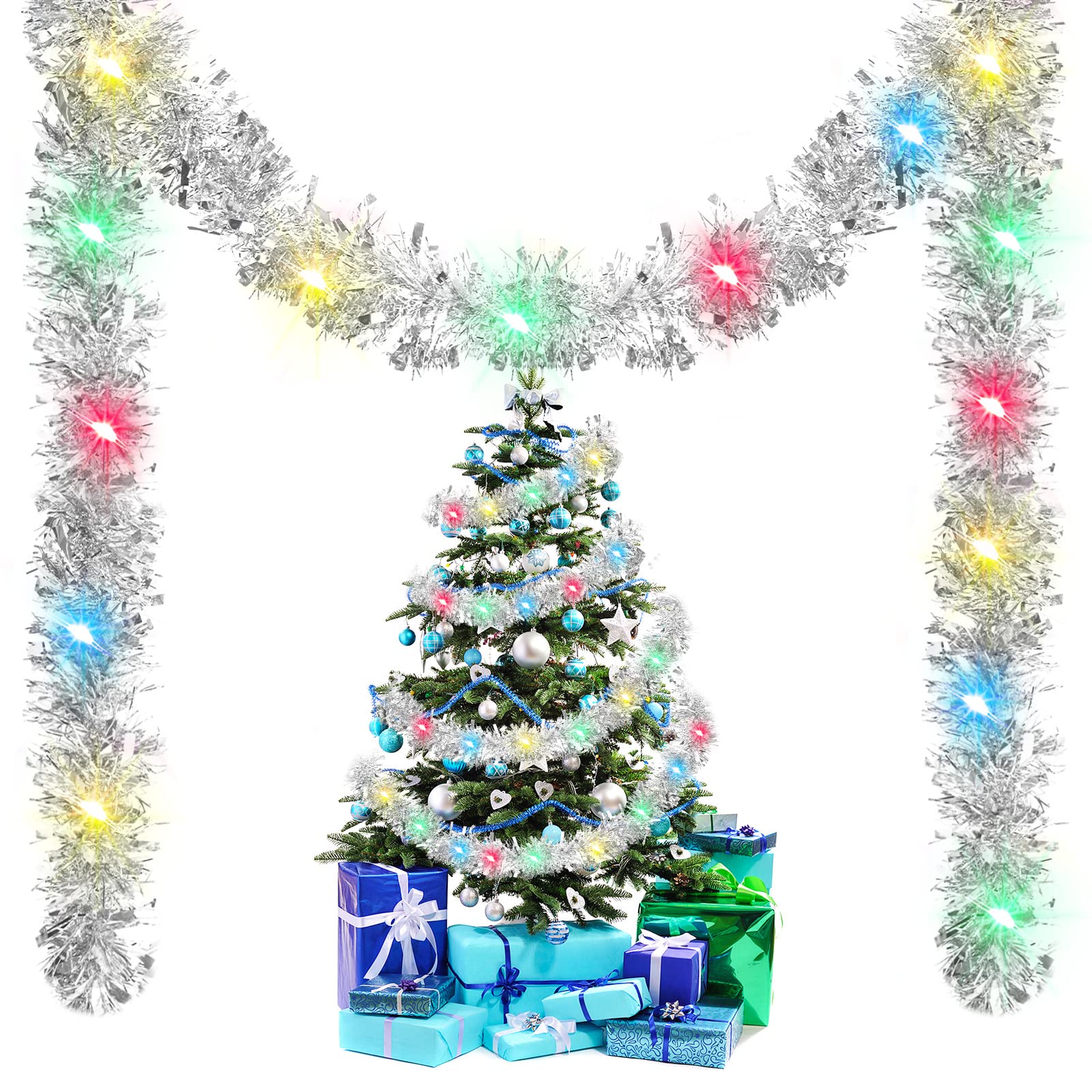 Kingdder 16.4 ft Christmas Tinsel Garland Lighted Metallic Twist Tree Decoration Prelit Battery Operated 50 LED Hanging Garland 