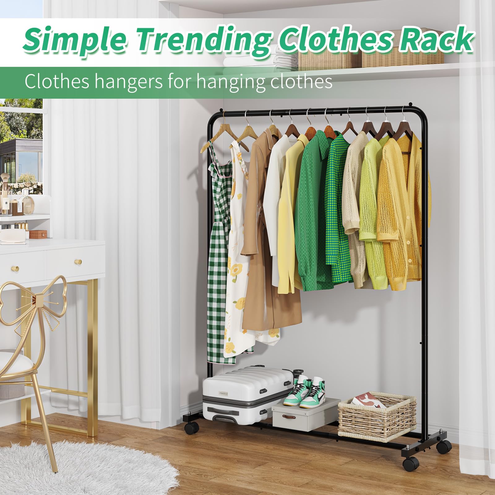 Simple Trending Standard Clothes Clothing Garment Rack With Storage Shelves, Rolling Clothes Organizer On Wheels For Hanging Clo
