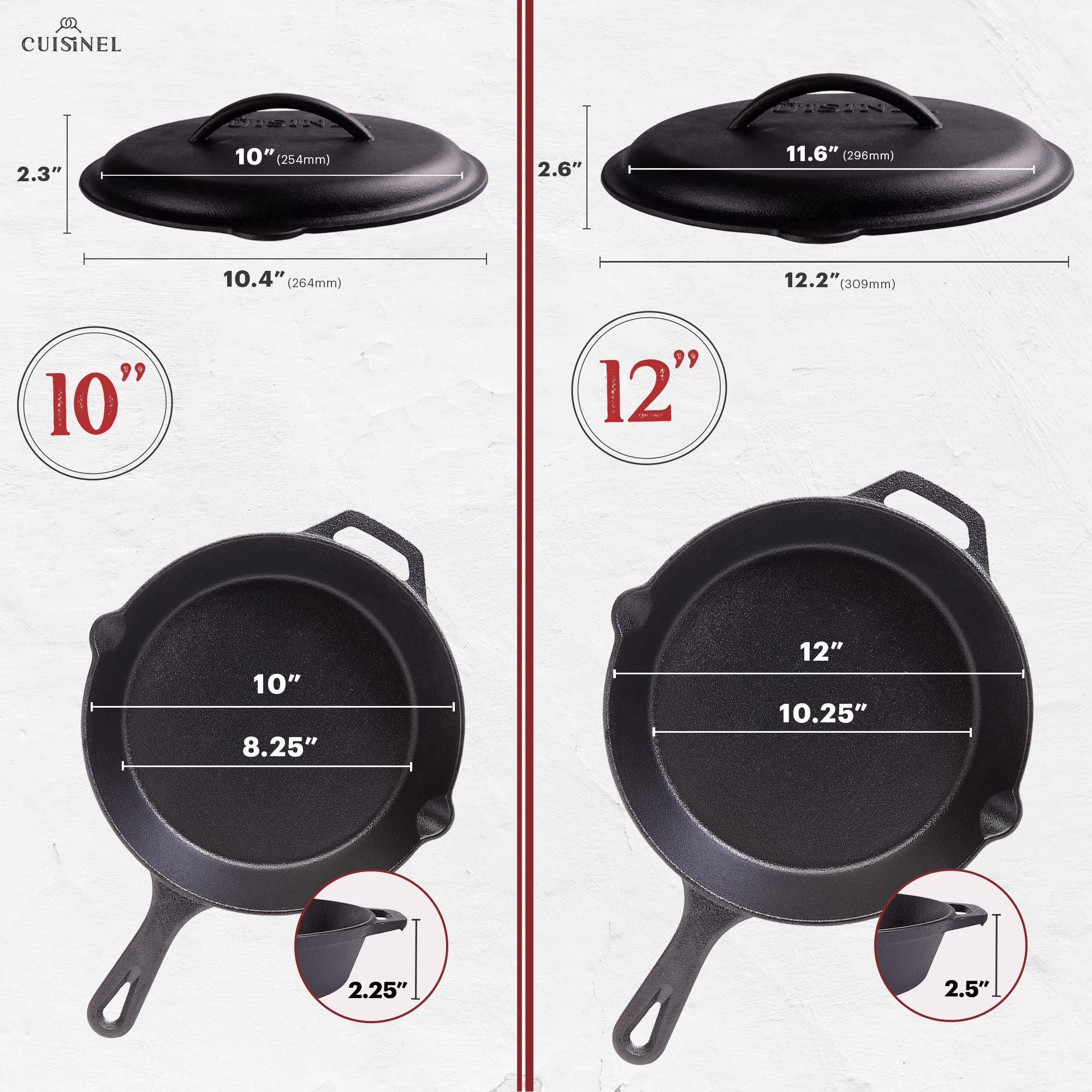 Cast Iron Skillet Set with Lids - 10+12-inch Pre-Seasoned Covered Frying Pan Set + Silicone Handle and Lid Holders + Scraper/Cle