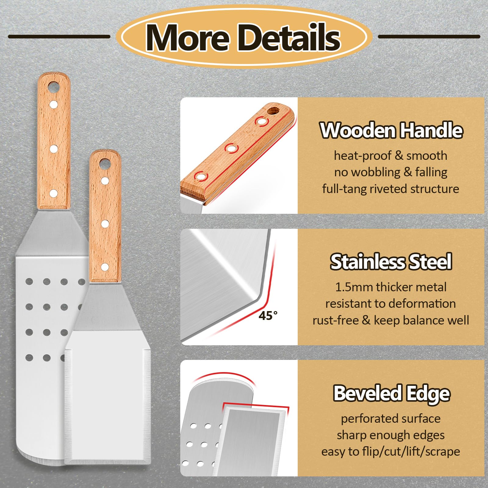 Hasteel Metal Spatula Set Of 4, Stainless Steel Griddle Spatula Tools Set With Wooden Riveted Handle, Professional Griddle Acces