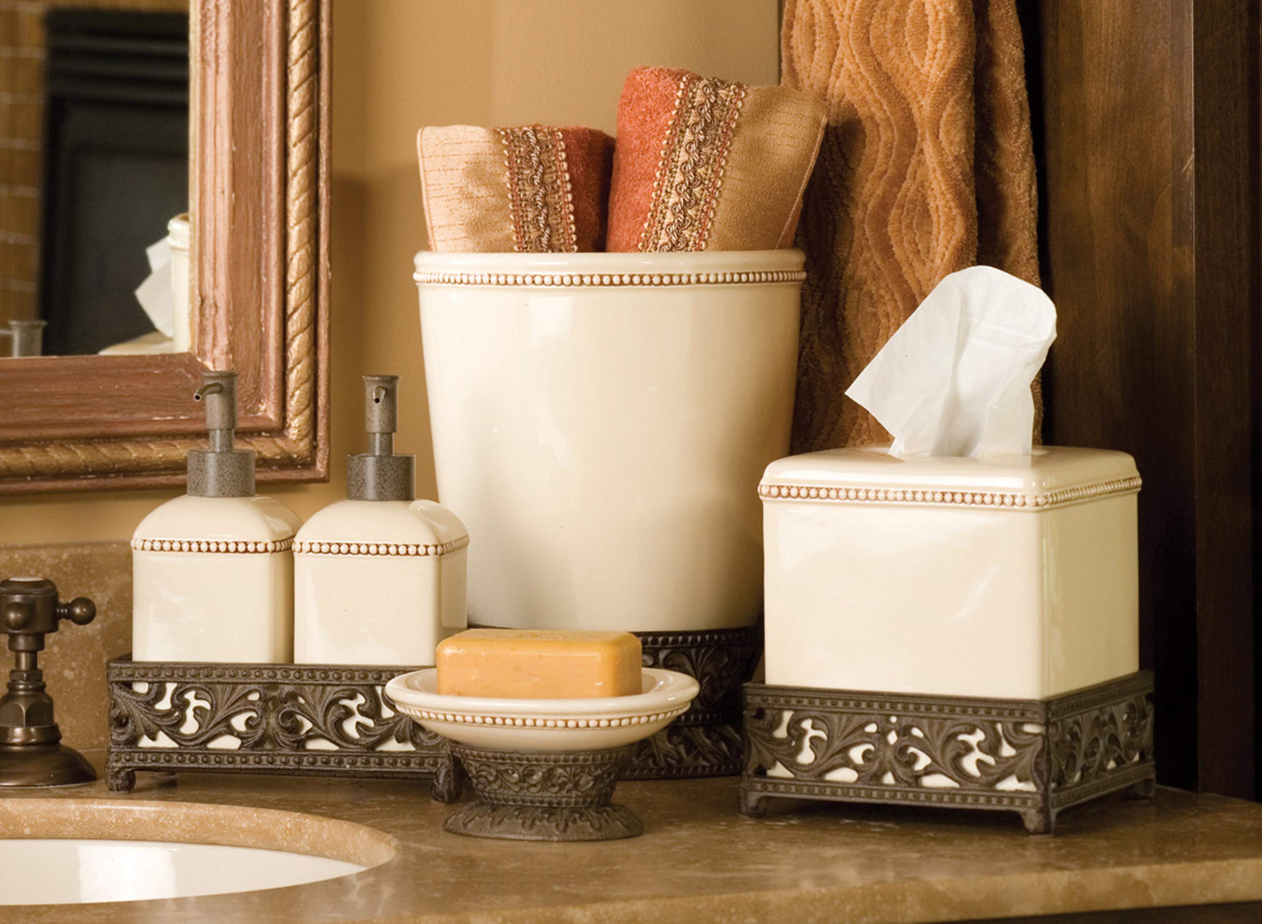 Gg Collection Small Cream Ceramic Wastebasket With Acanthus Leaf Metal Base