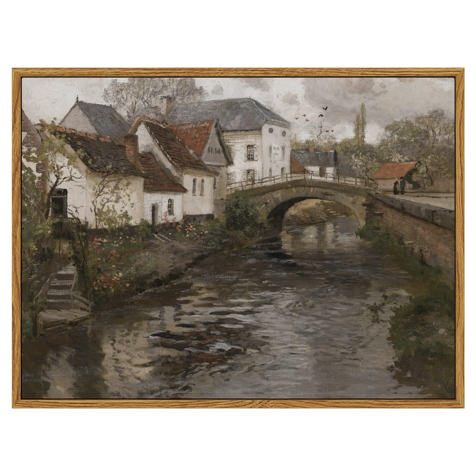 Insimsea Framed Canvas Wall Art Vintage Decor, Landscape Wall Art, Riverside Small Town Pictures Home Decor, Rustic Farmhouse Wa