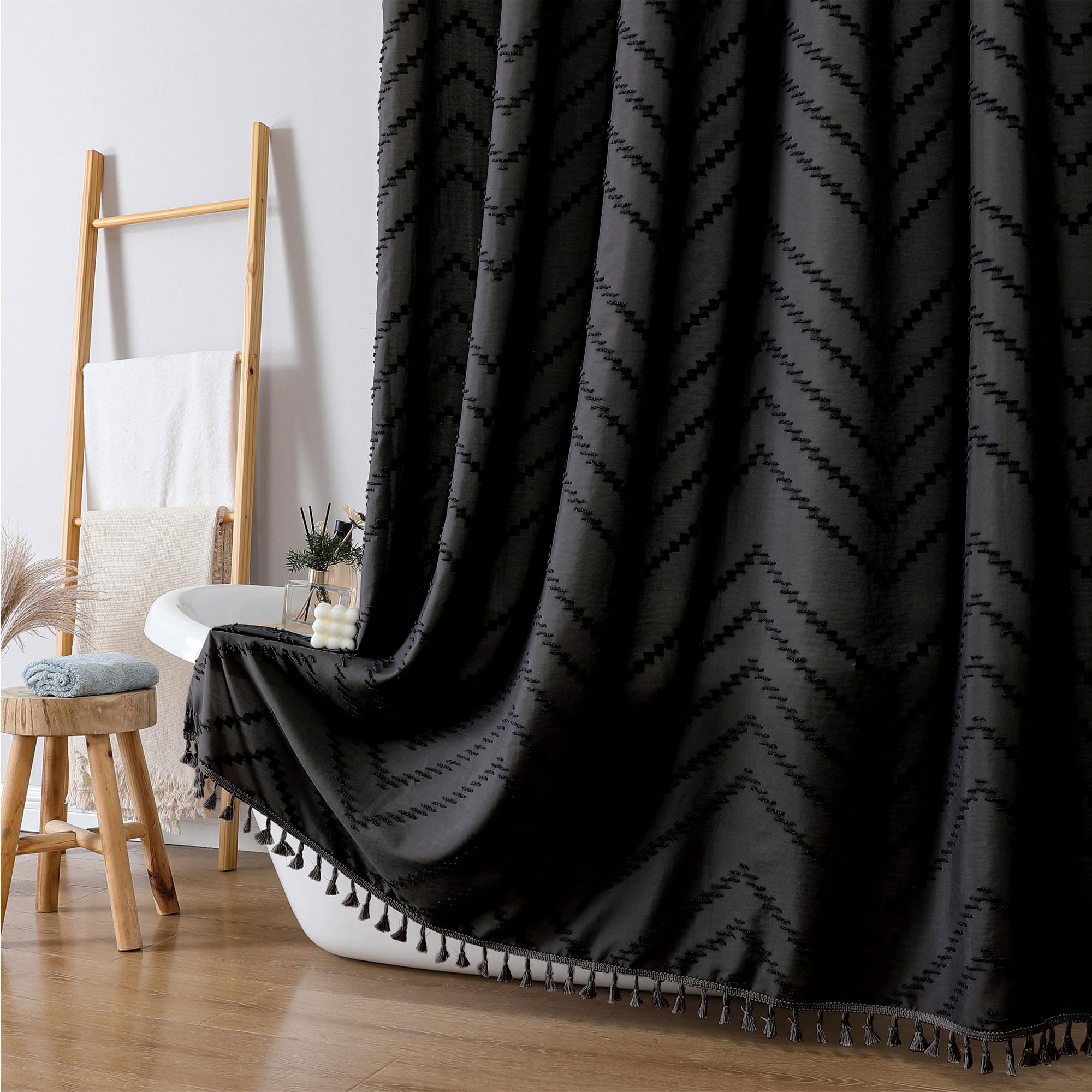 Owenie Extra Long Black Boho Shower Curtain, Chic Tufted Chevron Striped Textured Cloth Fabric Shower Curtains With Tassel For B