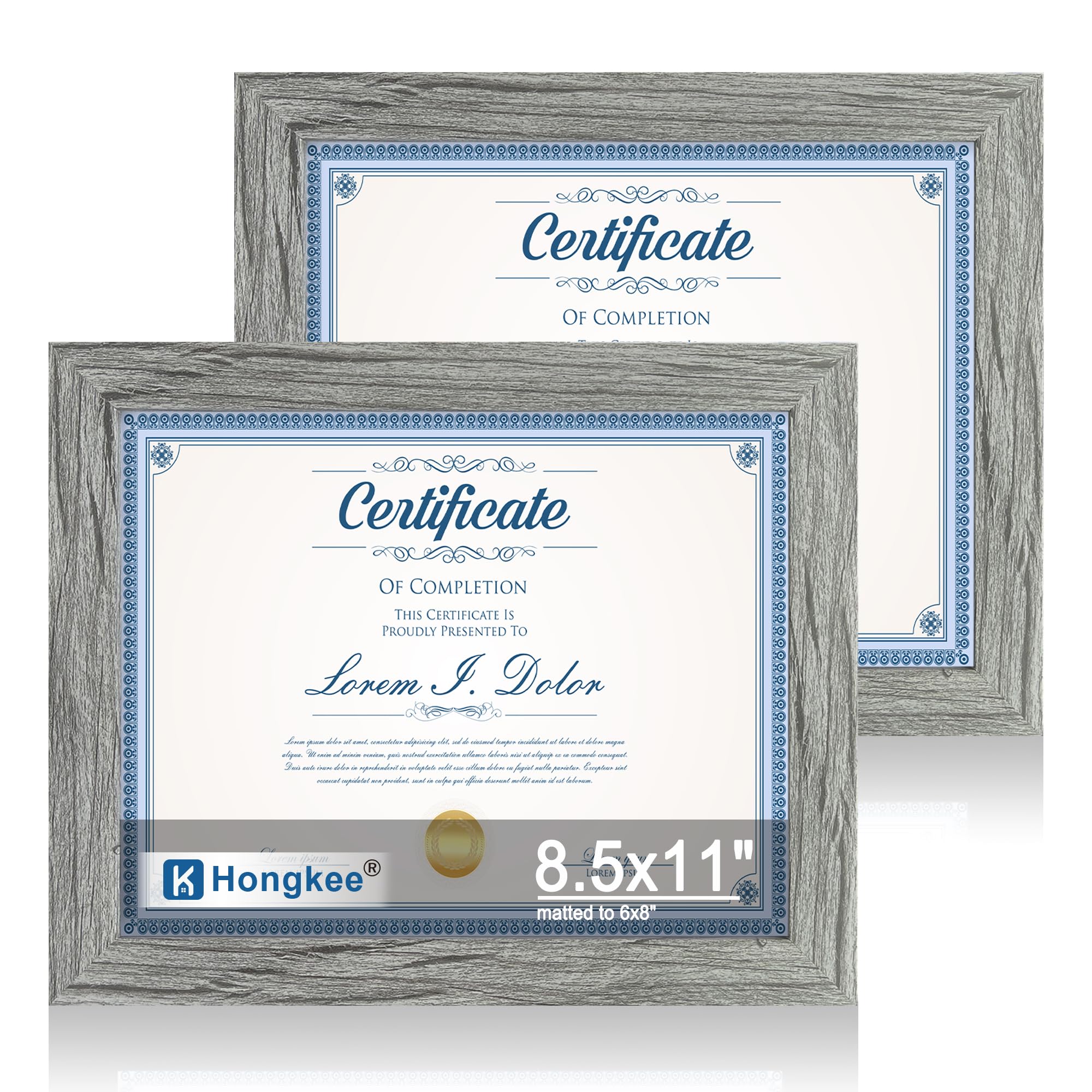 Hongkee 8.5 by 11 Diploma Picture Frame Set of 2, Made of Real Glass and Grey Certificate Frame, for Wall or Tabletop - Display 