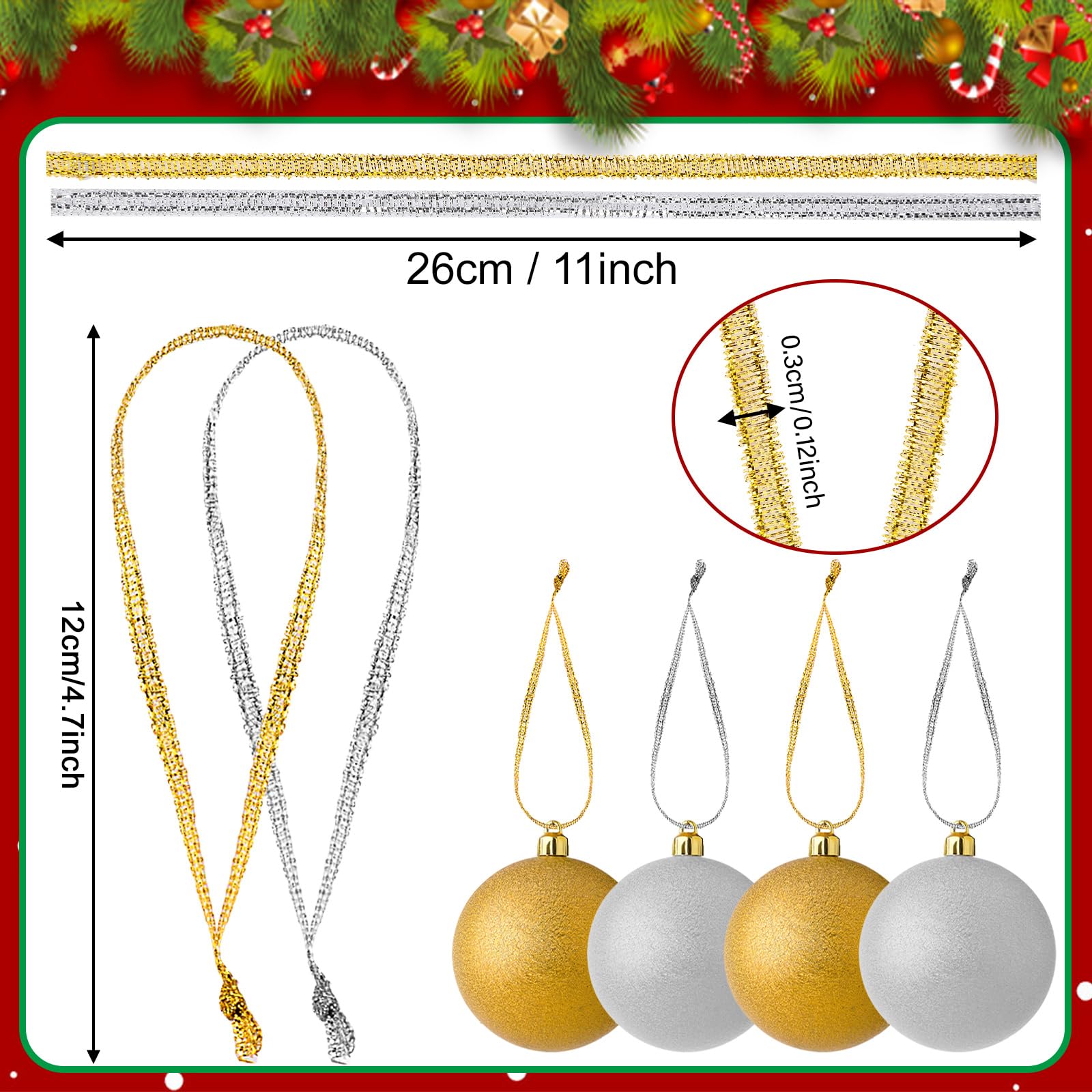 JUNEBRUSHS 300Pcs Christmas Ornament Ribbon Hangers, Hand Tied Christmas Ornament String Ties Loops Thin Ribbon for Ornaments Ch