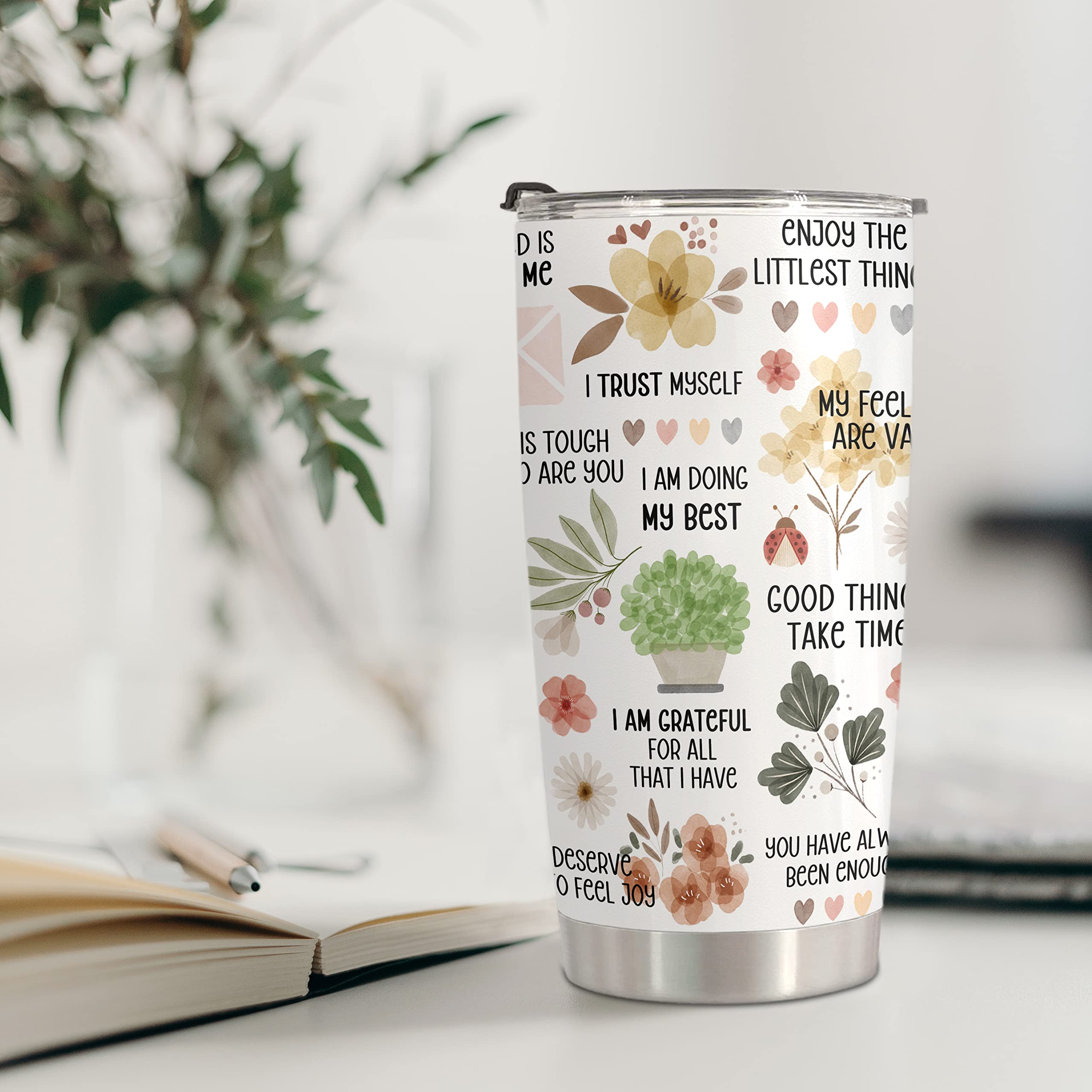 Homisbes Positive Daily Affirmations For Women - Positive Thoughts Travel Mug - Inspirational Gifts - Mental Health Gift - Stain