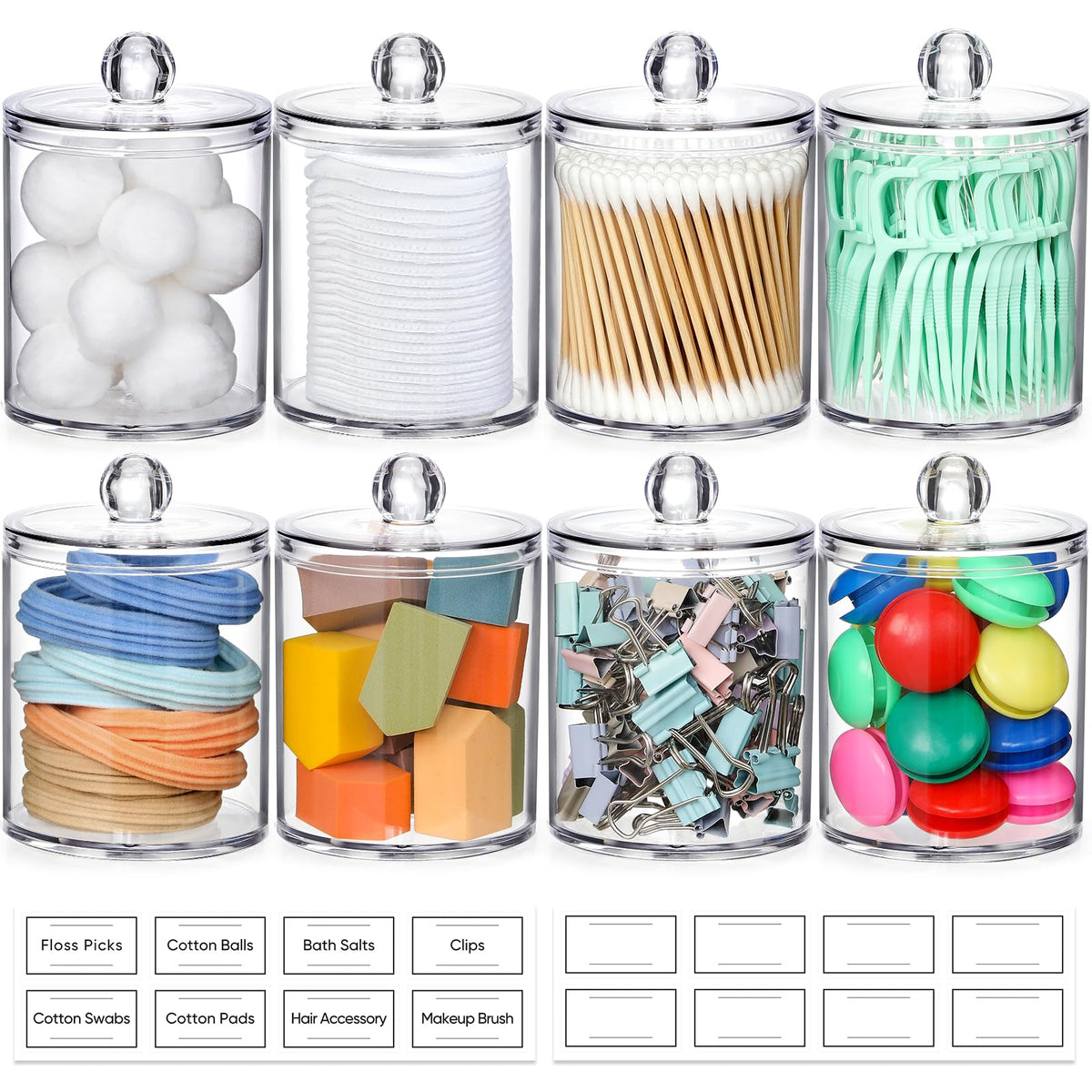 Aozita 8 Pack Acrylic Qtip Holder Dispenser With Lids & Labels, Cotton Ball, Cotton Swab, Cotton Round Pads, Floss Storage Canis