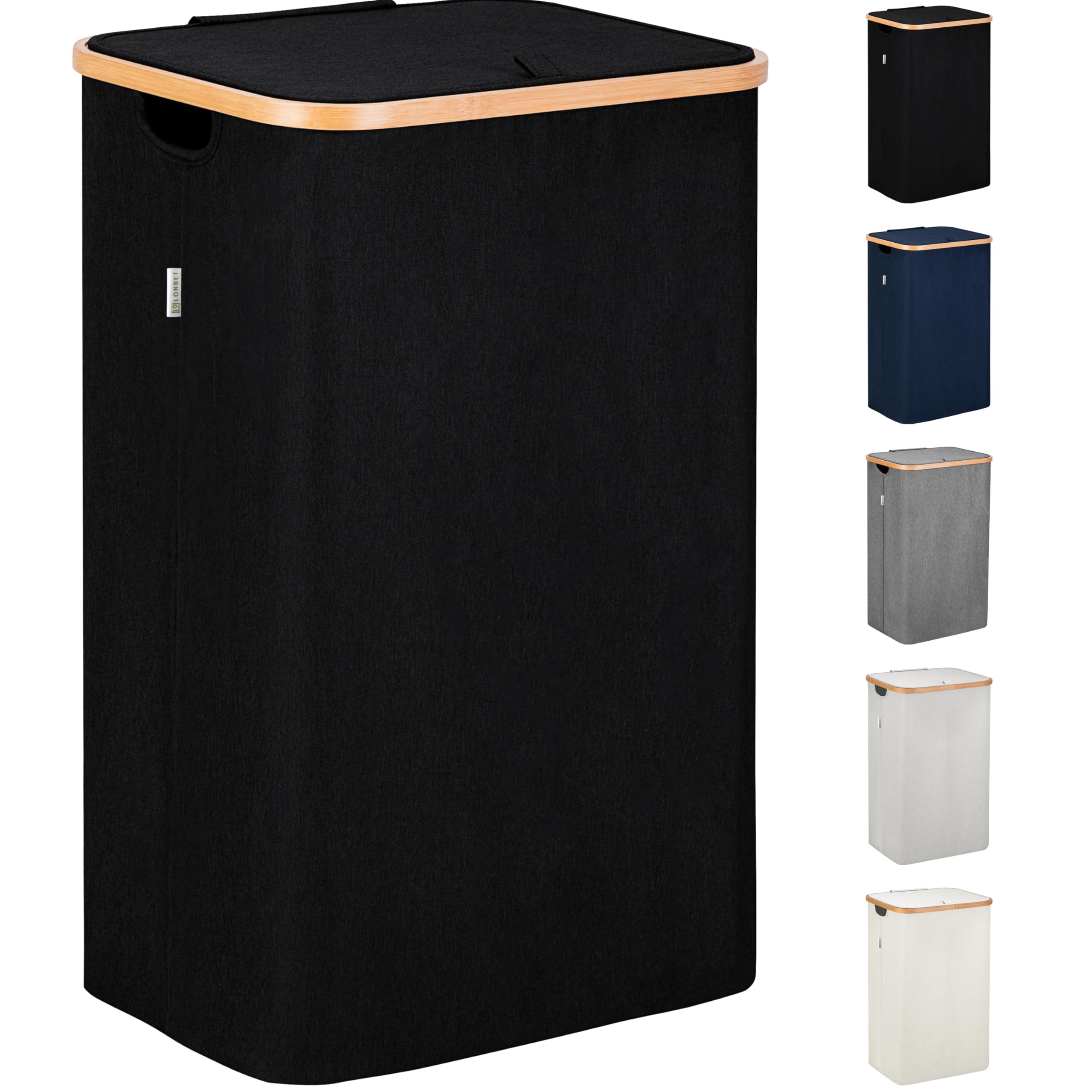 Lonbet - Black Laundry Hamper with Lid - XL 100 L - Large Hampers for Laundry with Handles - Black Laundry Baskets with Lid for Bedrooms - Bamboo Bathroom Tall Black Hamper