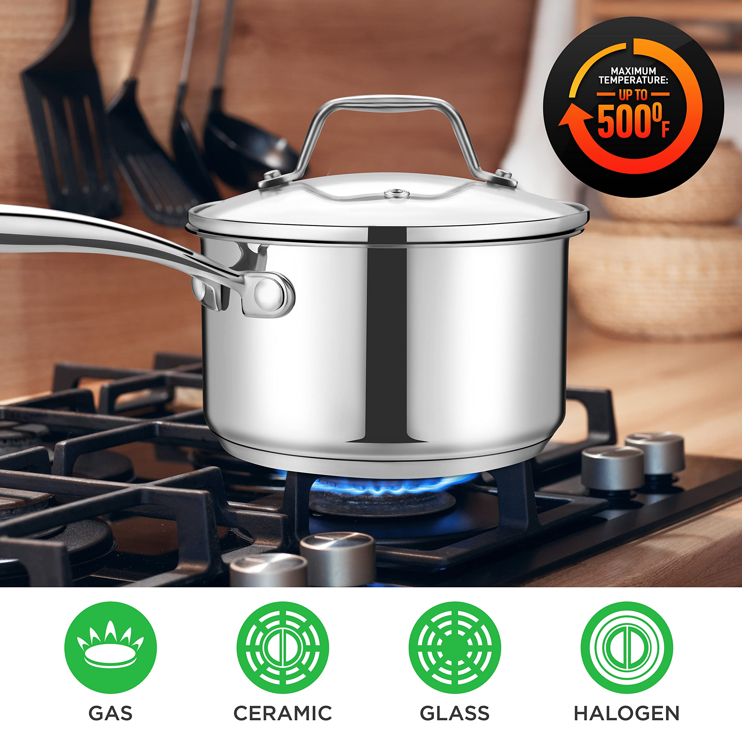 Nutrichef 2 Quart Stainless Steel Pot With Lid - Heavy Duty Saucepan With Ergonomic Handles, For All Cooktops