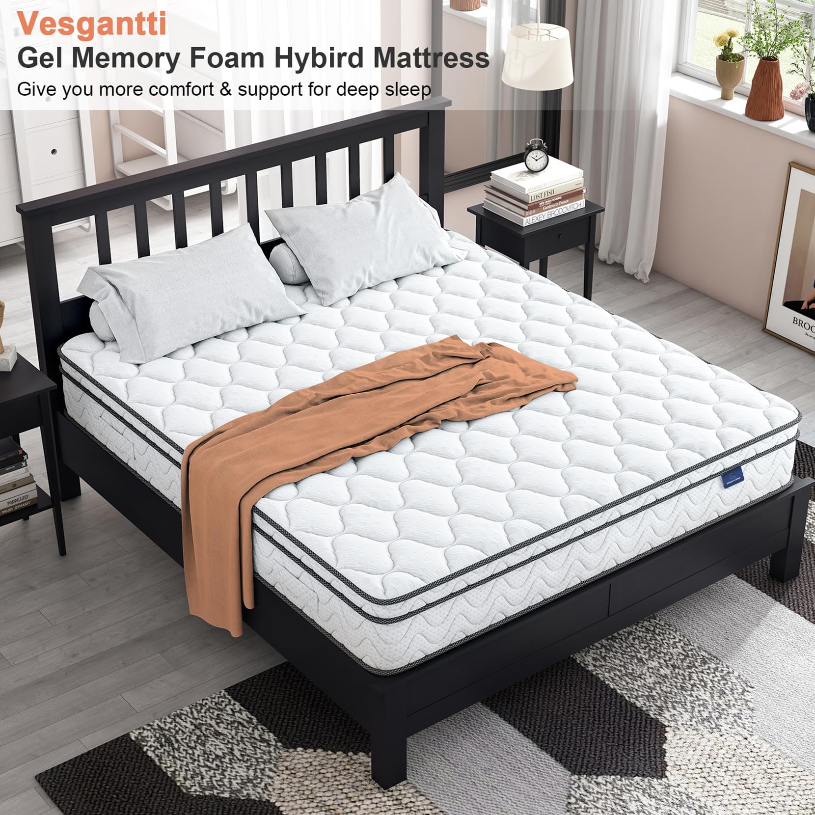 Vesgantti Queen Mattress, 10 Inch Hybrid Mattress With Memory Foam & Pocket Spring, Ergonomic Design For Pressure Relief, Medium