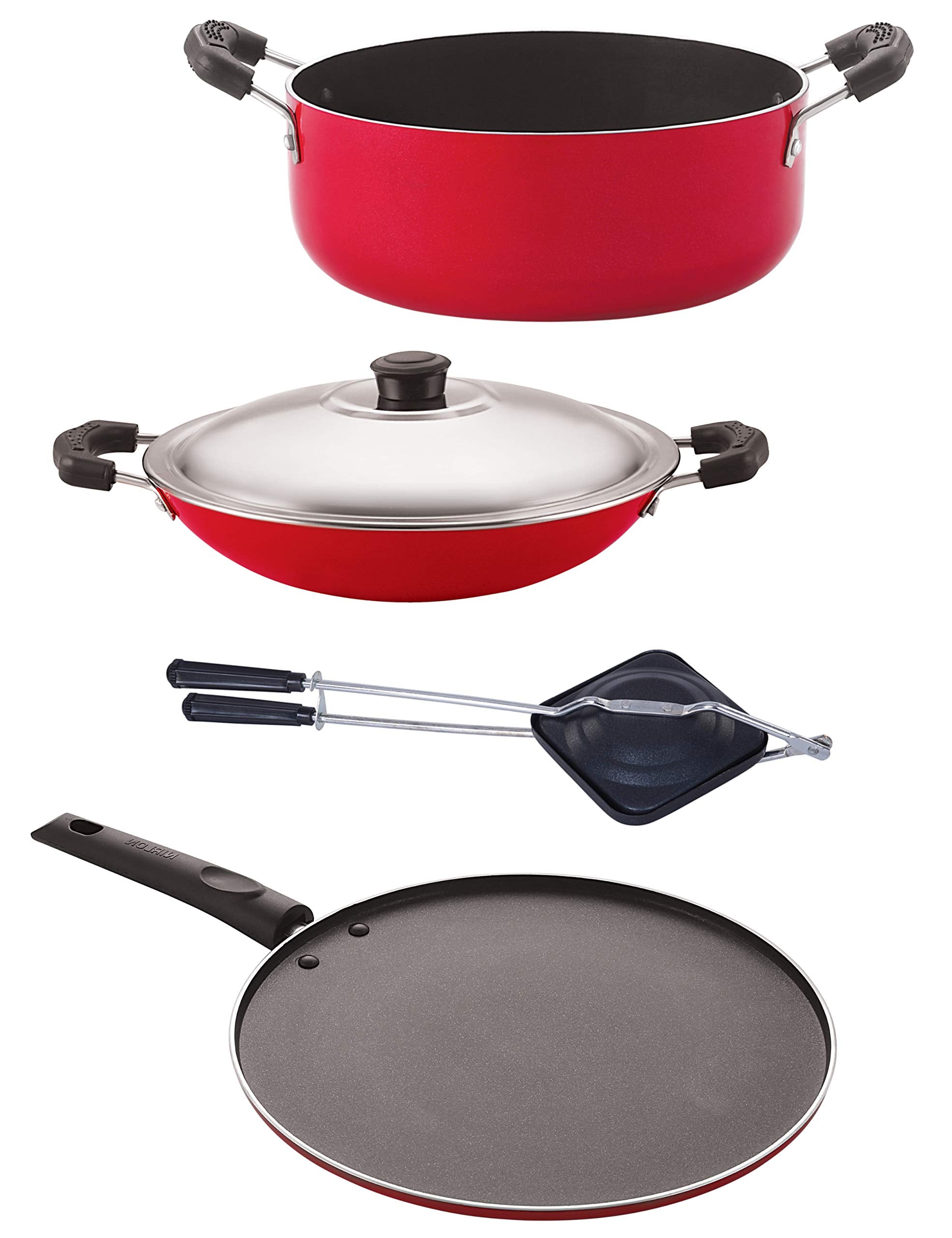 Nirlon Nonstick Cookware Set Standard,4Pieces,Black And Red (Ac_St11_Ht_Cs24)